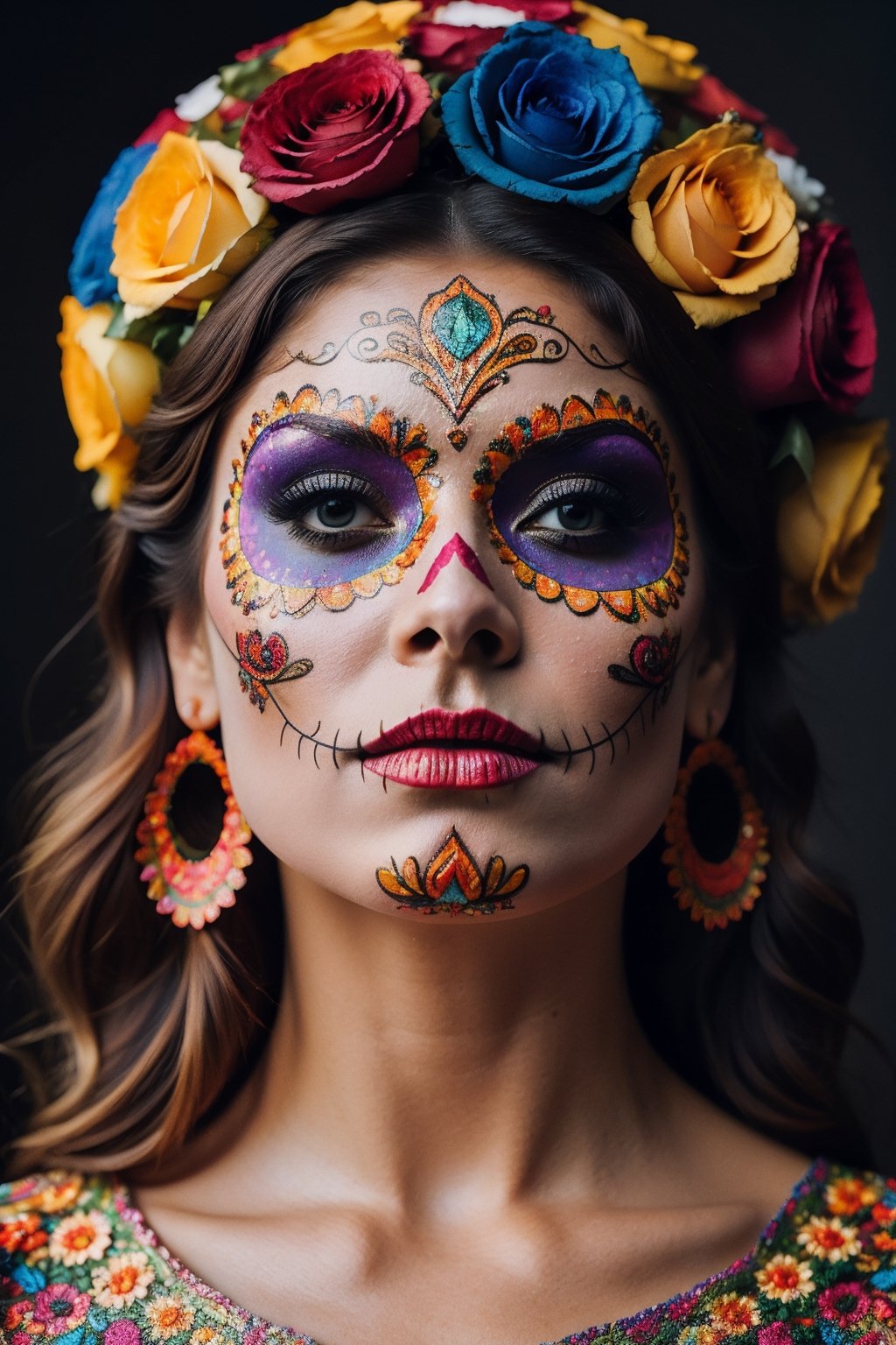 "Sugar Skull Fiesta": A vibrant and ornate illustration of a sugar skull, intricately decorated with colorful patterns and floral motifs, celebrating the Mexican tradition of Dia de los Muertos and Halloween on a festive, Ultra realism, color field printing, high detail, UHD, 8k, anatomically correct, cinematic lighting 4d quality --auto