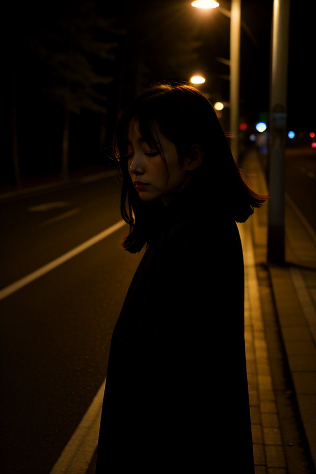 high  resolution, dark,dark forest, low light, beautiful asian girl, dark_hair, black coat, upset face, sad face, low light from street lamp on the road, eyes look down, head look down, one hand on face, eyes closed, smooth forehaed, cry
