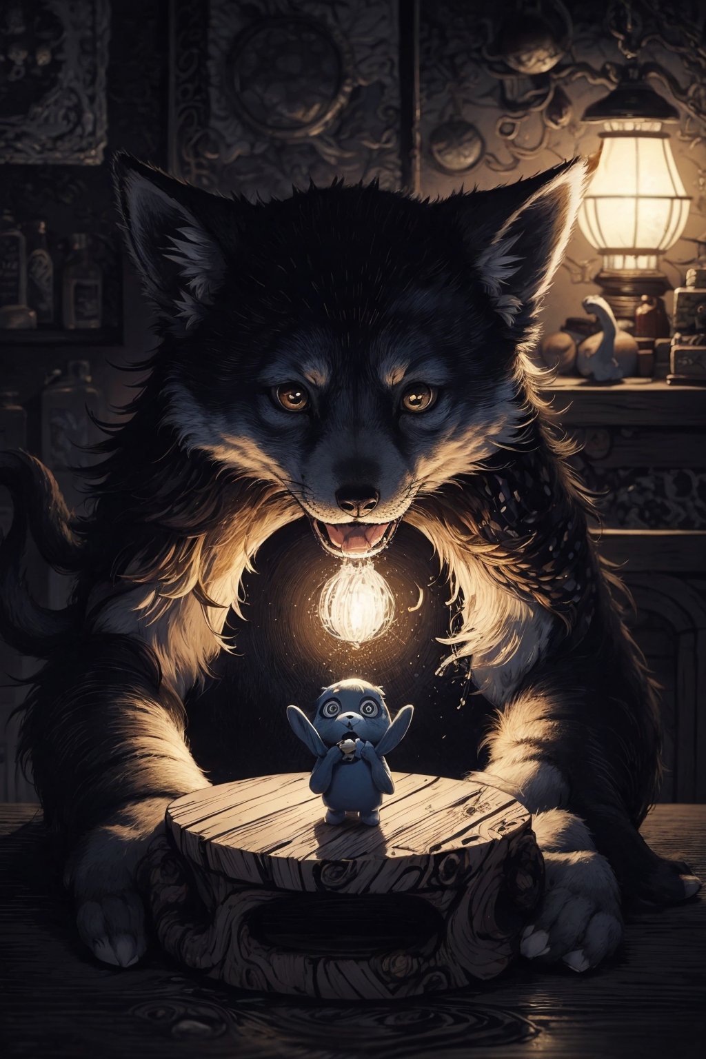 DArt,photo r3al, masterpiece, best quality, ultra realistic, cute little friendly blue dog mascot, on a table, warm lighting, clothed like a traveling merchant, Spirit Fox Pendant, ColorART, simple, minimalistic