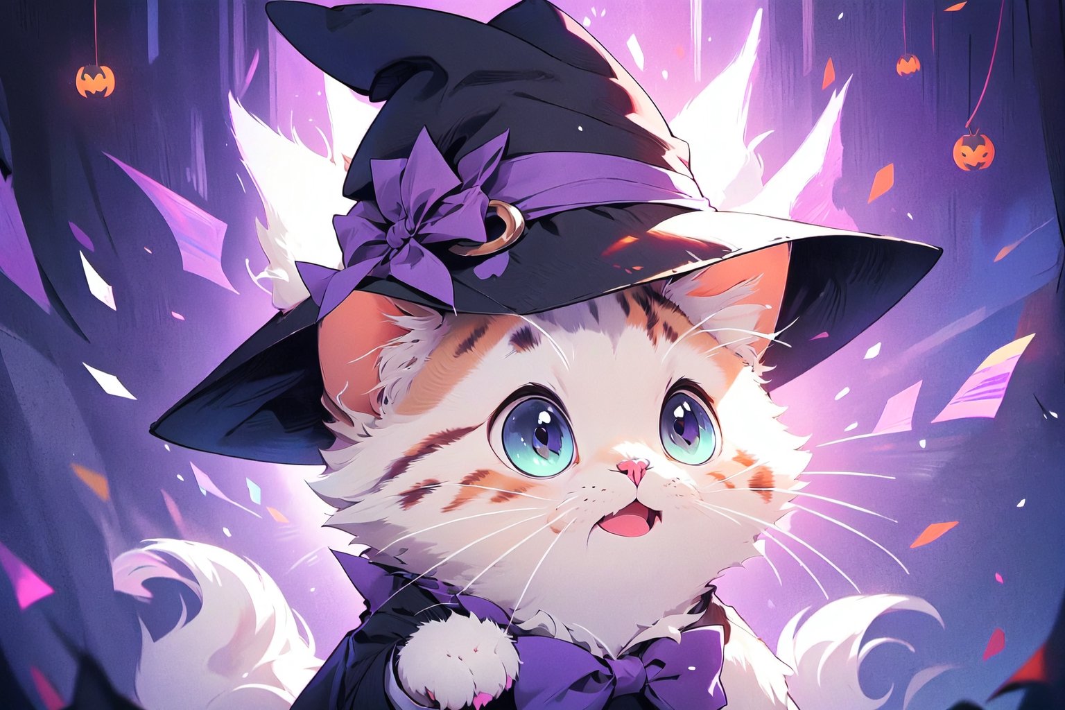 (best quality:1.2),EpicMeo,EpicGhost,cat, hat, dress shirt, white cat,halloween style, purple theme,EpicArt