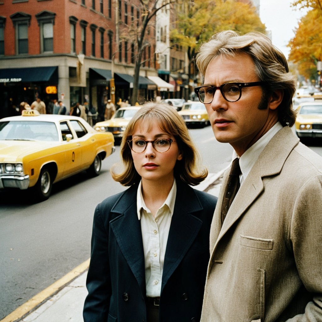 35mm film photo of two urbanites in (1970s) New York, man with woman,1977, man with glasses (hailing a cab) while woman waits on curb on a busy tree-lined street, autumn, classic film, [directed by Martin Scorsese], (directed by Woody Allen), directed by Wes Anderson, [retro-futurism], (film grain), reel-to-reel cinematography, highly detailed elements, neurotic appearance, [drab] fashion inspired by the outfits of Mia Farrow and Diane Keaton and Tina Chow and Annie Hall \(1977\) and (Christopher Walken:0.3) and [Robert Redford] and [Billy Crystal] and [Robert De Niro], (iconic and classic), jazz music soundtrack, expertly framed shot, award-winning movie still, f5.6, earth tones, detailed faces, tweed, plaid, Perfect Hands