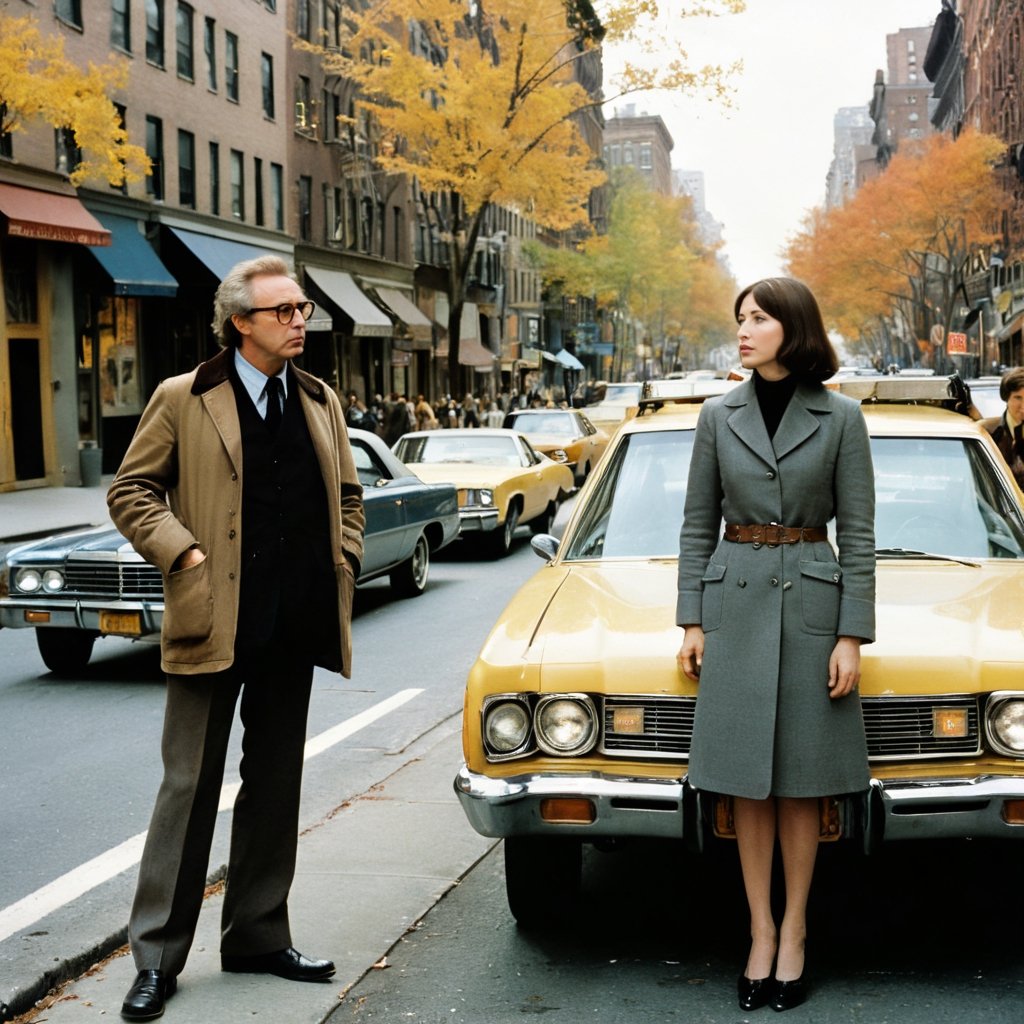 35mm film photo of two urbanites in (1970s) New York, man with woman,1977, man with glasses (hailing a cab) while woman waits on curb on a busy tree-lined street, autumn, classic film, [directed by Martin Scorsese], (directed by Woody Allen), directed by Wes Anderson, (film grain), reel-to-reel, highly detailed, neurotic appearance, [drab] fashion inspired by the outfits of Mia Farrow and Diane Keaton and Tina Chow and Annie Hall \(1977\) and (Christopher Walken:0.3) and [Robert Redford] and [Billy Crystal] and [Robert De Niro], (iconic and classic),award-winning movie still, f4.0, earth tones, detailed faces, tweed, plaid, Perfect Hands, (soft muted tones), vintage photograph,[VintageMagStyle]