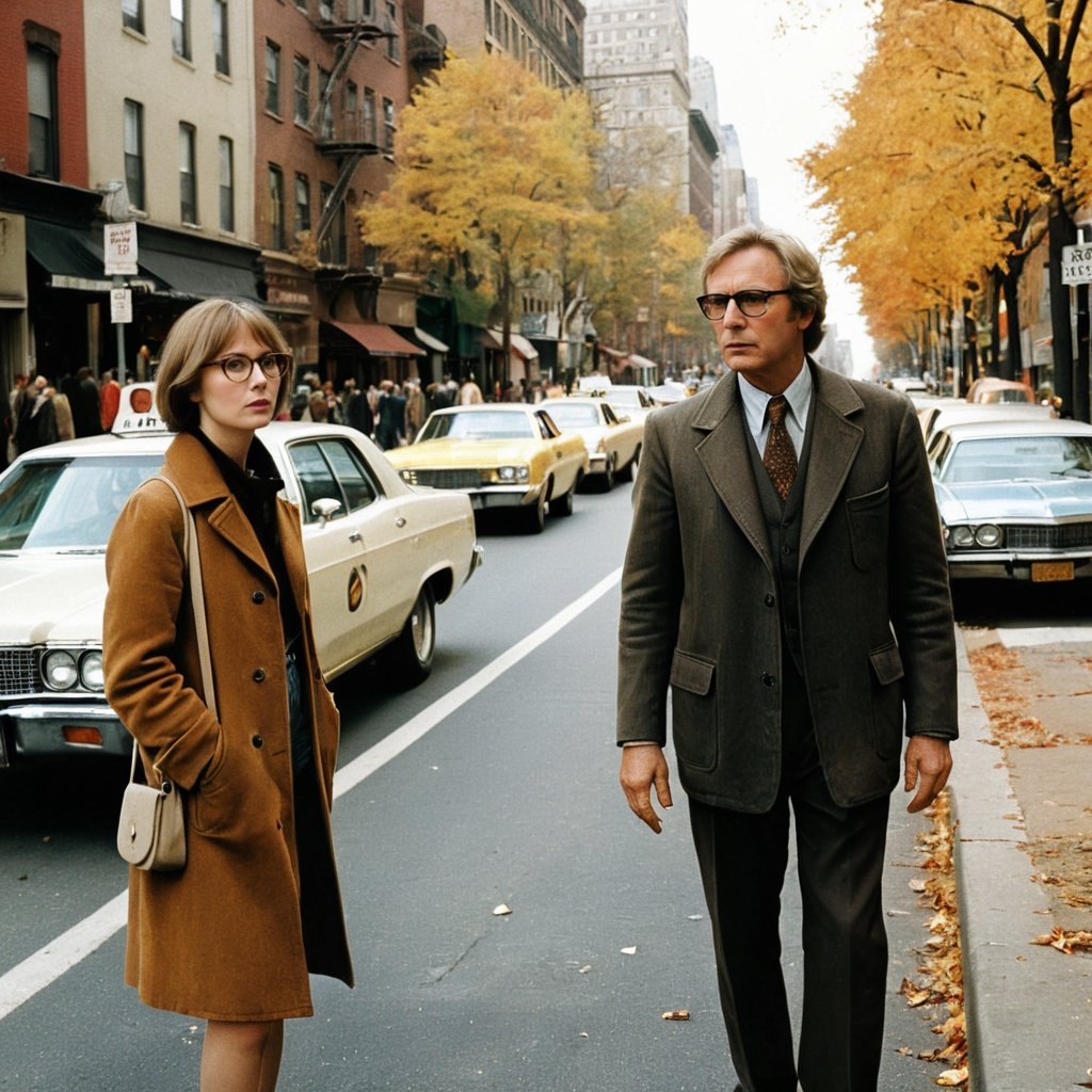 35mm film photo of two urbanites in (1970s) New York, man with woman,1977, man with glasses (hailing a cab) while woman waits on curb on a busy tree-lined street, autumn, classic film, [directed by Martin Scorsese], (directed by Woody Allen), directed by Wes Anderson, [retro-futurism], (film grain), reel-to-reel cinematography, highly detailed elements, neurotic appearance, [drab] fashion inspired by the outfits of Mia Farrow and Diane Keaton and Tina Chow and Annie Hall \(1977\) and (Christopher Walken:0.3) and [Robert Redford] and [Billy Crystal] and [Robert De Niro], (iconic and classic), jazz music soundtrack, expertly framed shot, award-winning movie still, f5.6, earth tones, detailed faces, tweed, plaid, Perfect Hands, (soft muted tones)