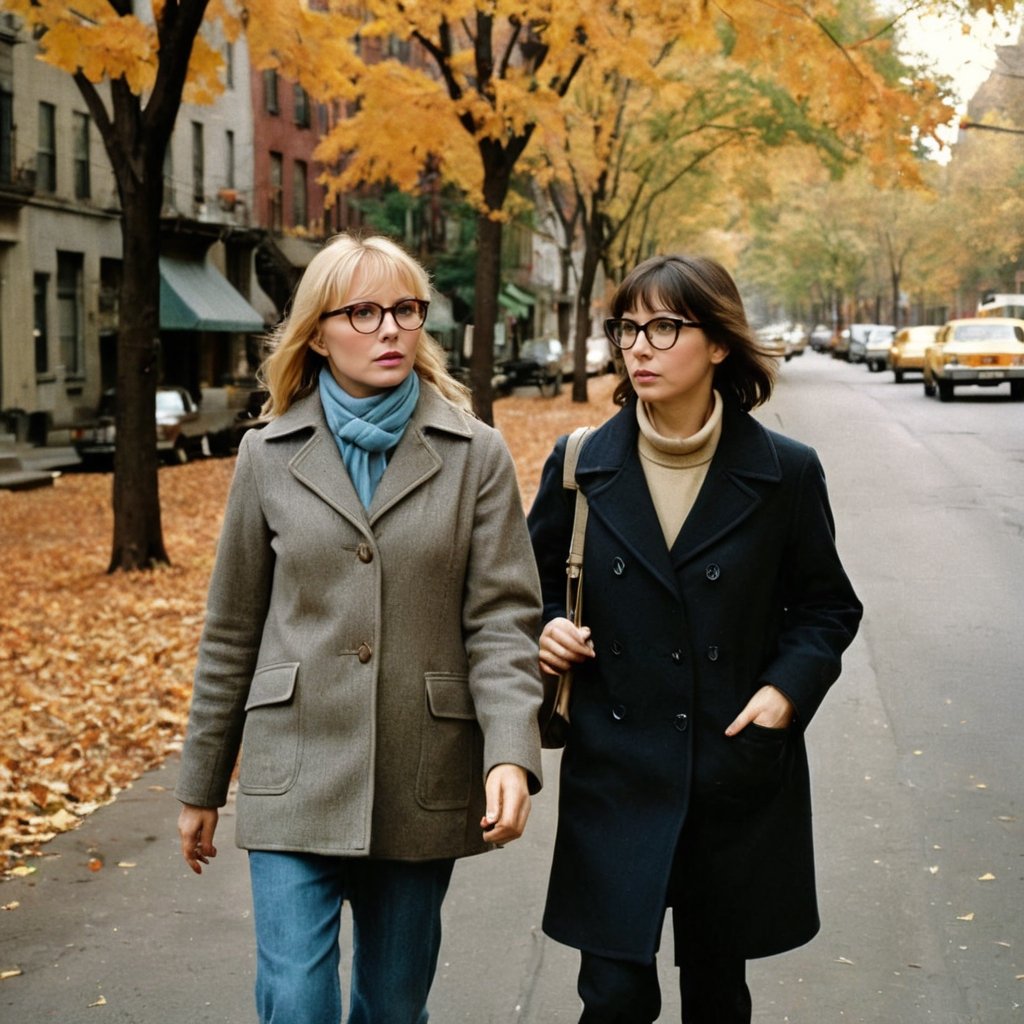 Analog photo of two New Yorkers in (1970s) New York, man with woman,1977, walking quickly down a busy tree-lined street and talking and conversing, autumn, classic film, [directed by Martin Scorsese], (directed by Woody Allen), directed by Wes Anderson, [retro-futurism], film grain, reel-to-reel cinematography, highly detailed elements, neurotic appearance, drab fashion inspired by Mia Farrow and Tina Chow and Annie Hall, (iconic and classic), jazz music soundtrack, glasses, expertly framed shot, award-winning movie still, f5.6, earth tones, detailed faces, tweed, plaid
