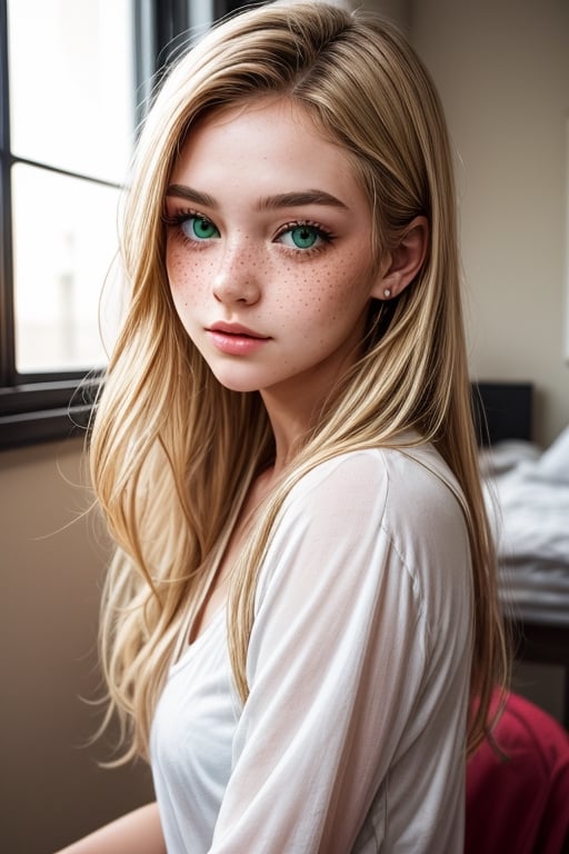 The materialistic girl: 18 years old. beautiful, blonde, green eyes, freckles, makeup, jewelry. A student who only cares about money and material possessions. She sees the protagonist as a resource to satisfy her needs and has no real interest in him as a person.