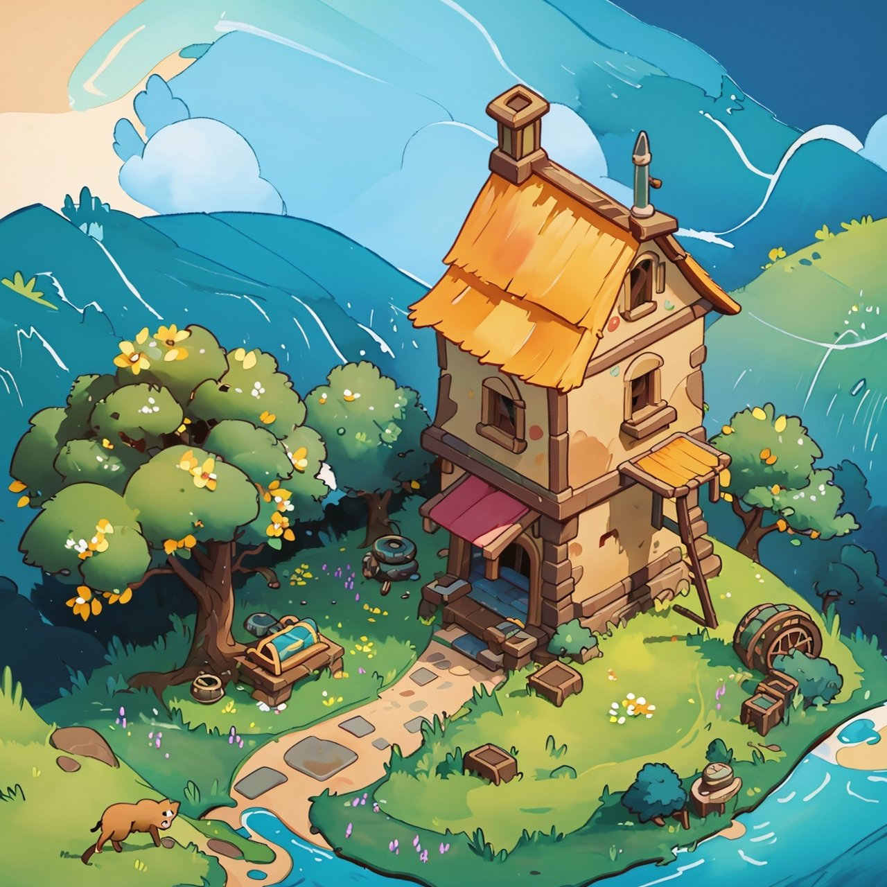 masterpiece,(best quality:1.3),beautiful lightning, vibrant colour, ((isometric view)), grass land, little village, crude watercolour painting,  big brushstrokes, 6 colours, cartoon, Isometric_Setting, house cover, 欧美卡通,Isometric_Setting