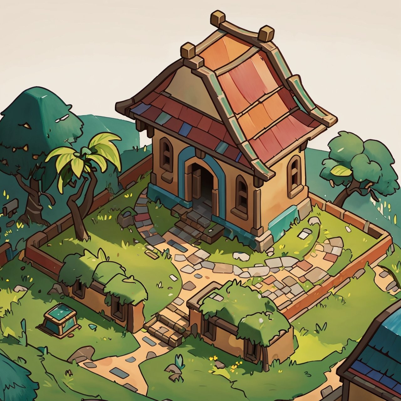 masterpiece,(best quality:1.3),beautiful lightning, vibrant colour, ((isometric view)), grass land, stable, old mexican hacienda, crude watercolour painting,  big brushstrokes, 6 colours, cartoon, Isometric_Setting, house cover, 欧美卡通,Isometric_Setting