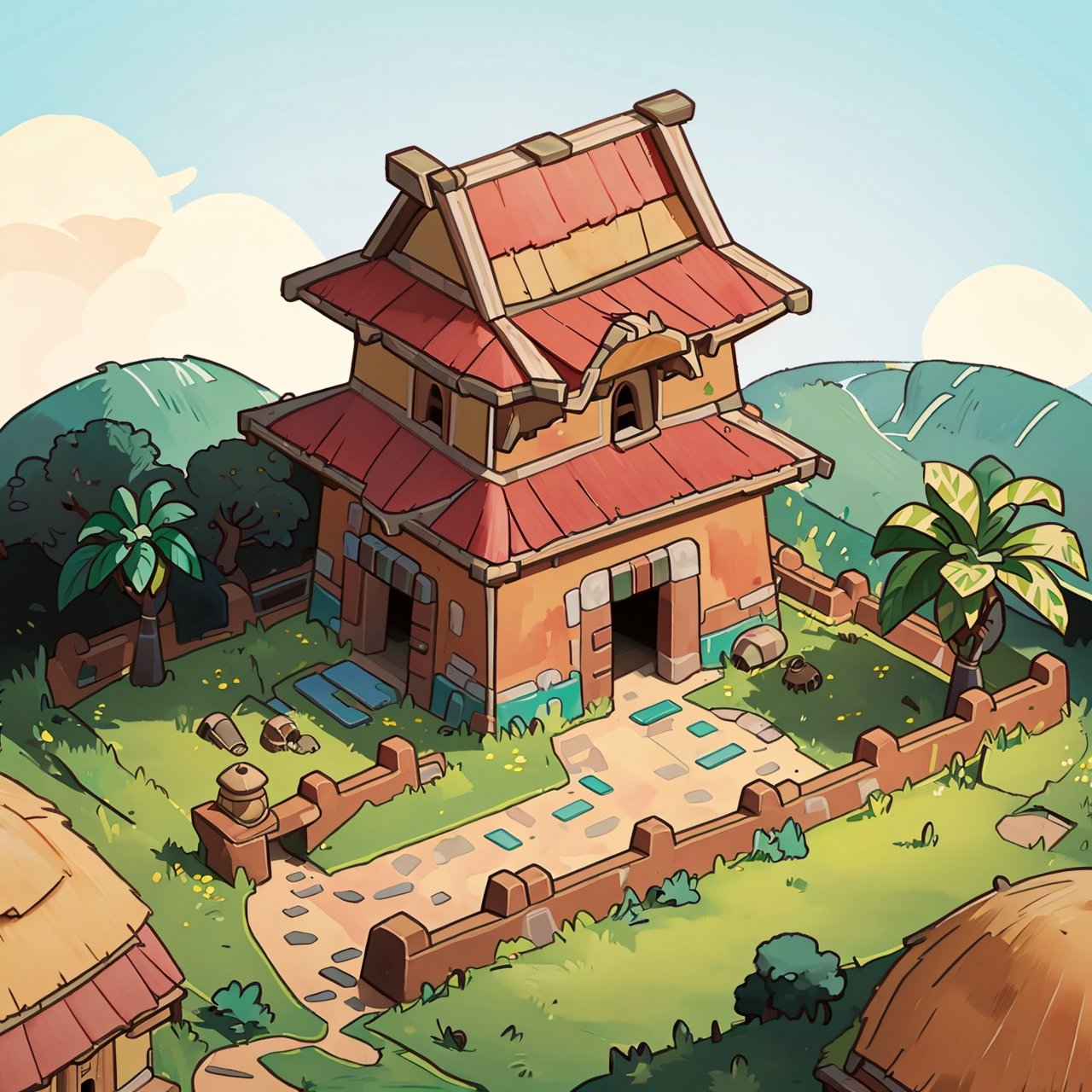 masterpiece,(best quality:1.3),beautiful lightning, vibrant colour, ((isometric view)), grass land, barn, old mexican hacienda, old mexican hacienda, crude watercolour painting,  big brushstrokes, 6 colours, cartoon, Isometric_Setting, house cover, 欧美卡通,Isometric_Setting
