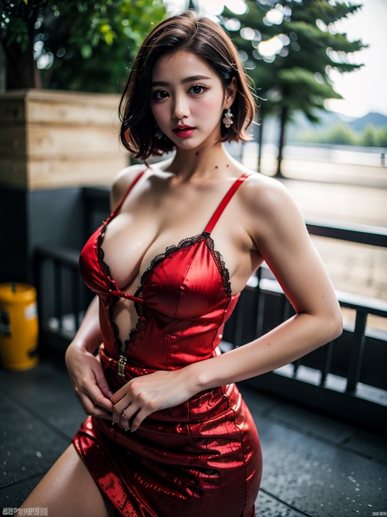 prostitution background, realistic, top of mountain , 8k highly detailed skin, , 36dd, red dress, chubby face,perfecteyes,best body shape, girl with dick expose, ,angelms