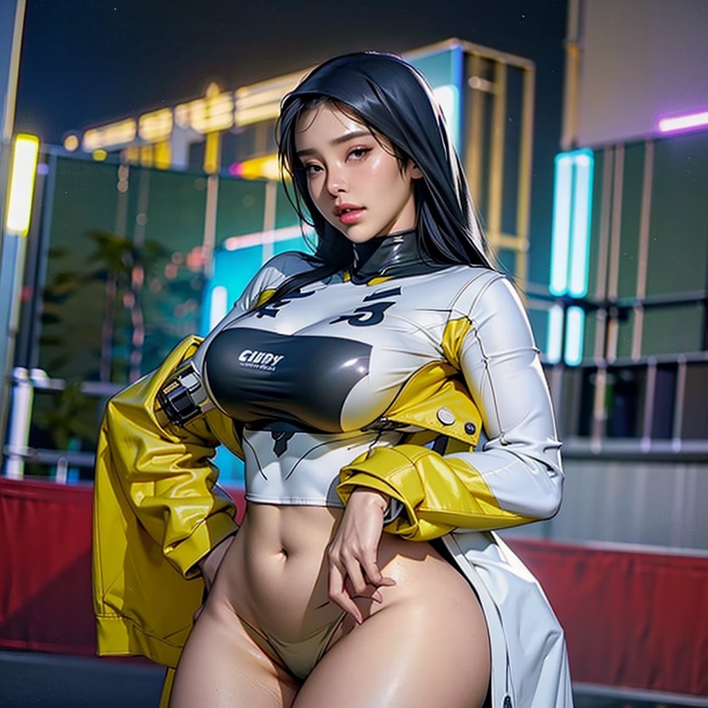 night city background, cinematic, realistic, atmospheric, ultra sharp, highly detailed skin, naughty hijab,round face, 36dd,  chubby_female,wearing mecha suit yellow colour, chubby face,j3s1,v4ni4,wrapgag, bootylicious