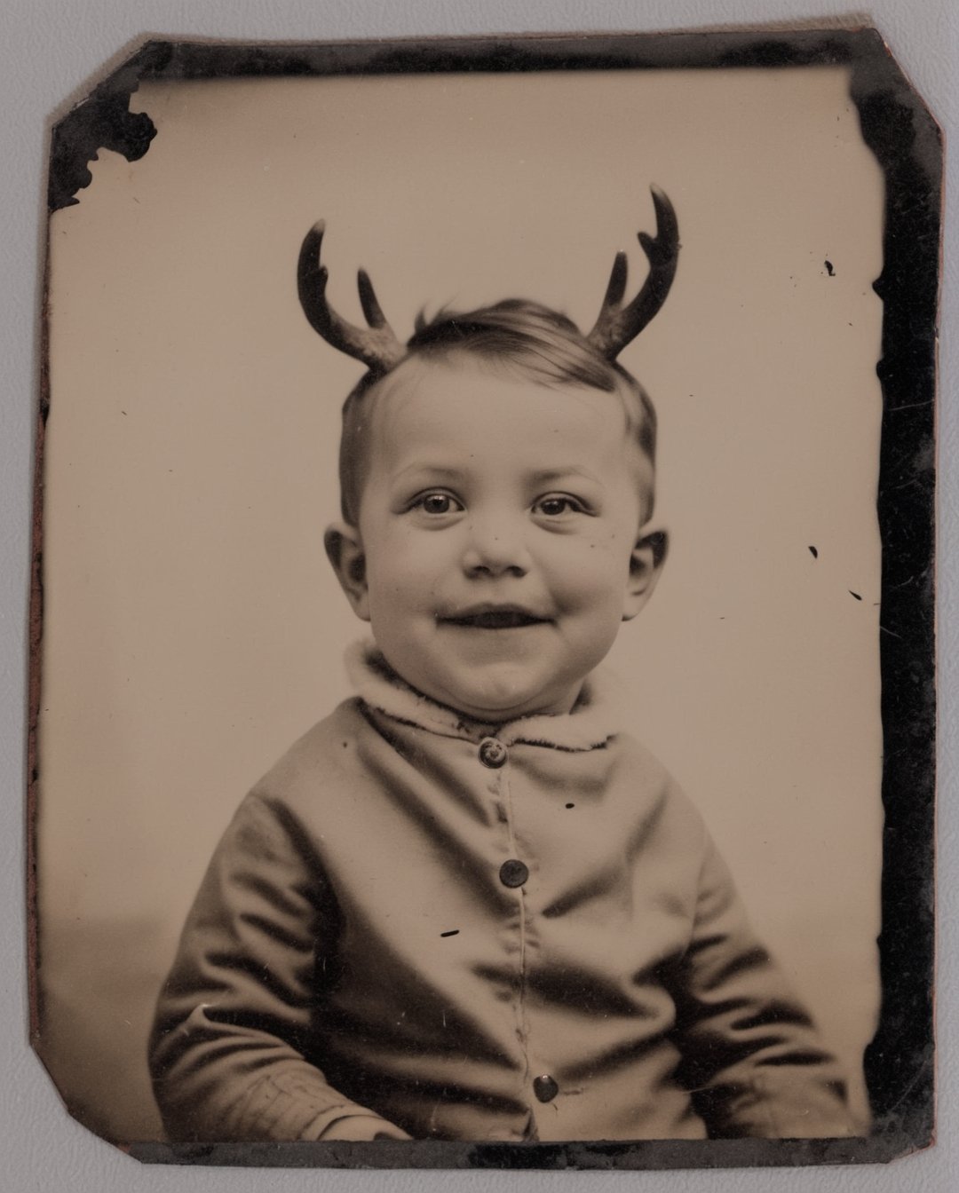 Tintype photograph of a happy toddler with small antlers, leica large format camera, Petzval 55mm F/5.6 Lens, sharp focus on face, realistic skin, highly detailed, tintime