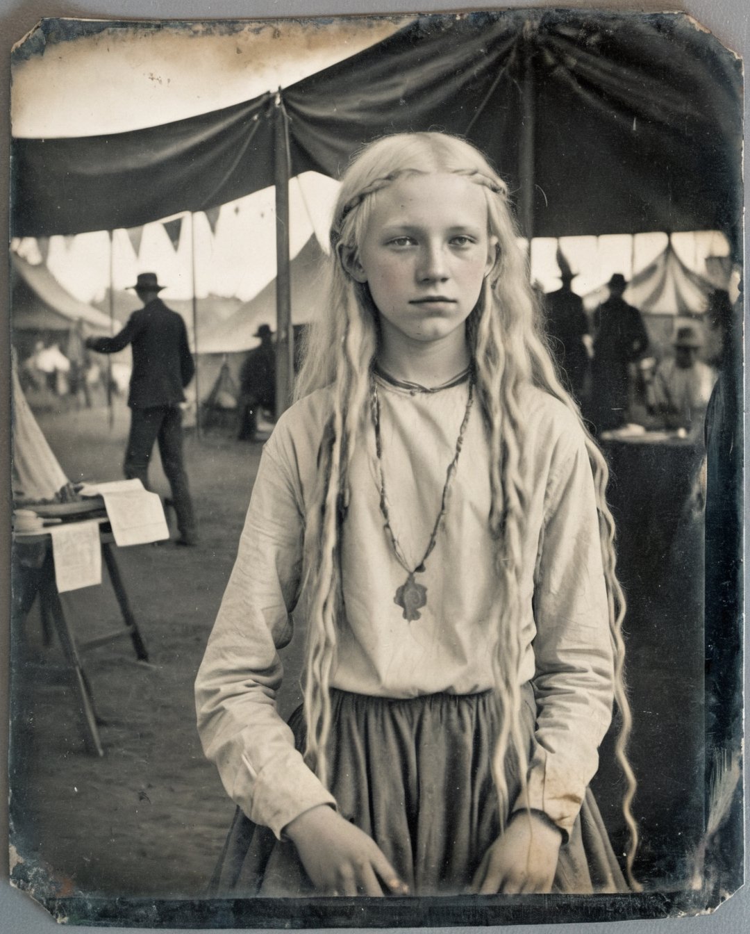 Daguerreotype photograph of a teenage albino girl, fortune teller at a 1920s carnival, very long tangled hair, dirty ragged clothing, dust bowl, great depression, banners, tents, rodenstock sironar-n, 210mm f/5.6, kodak t-max100, large format camera, Dorothea Lange, dagtime