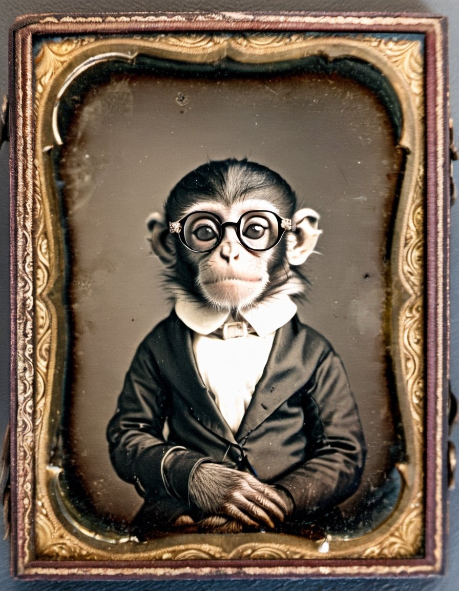 Daguerreotype Photograph of a tiny monkey wearing a pair of glasses, natural daytime lighting, 120mm f/1.0 lens, ornate border, dagtme