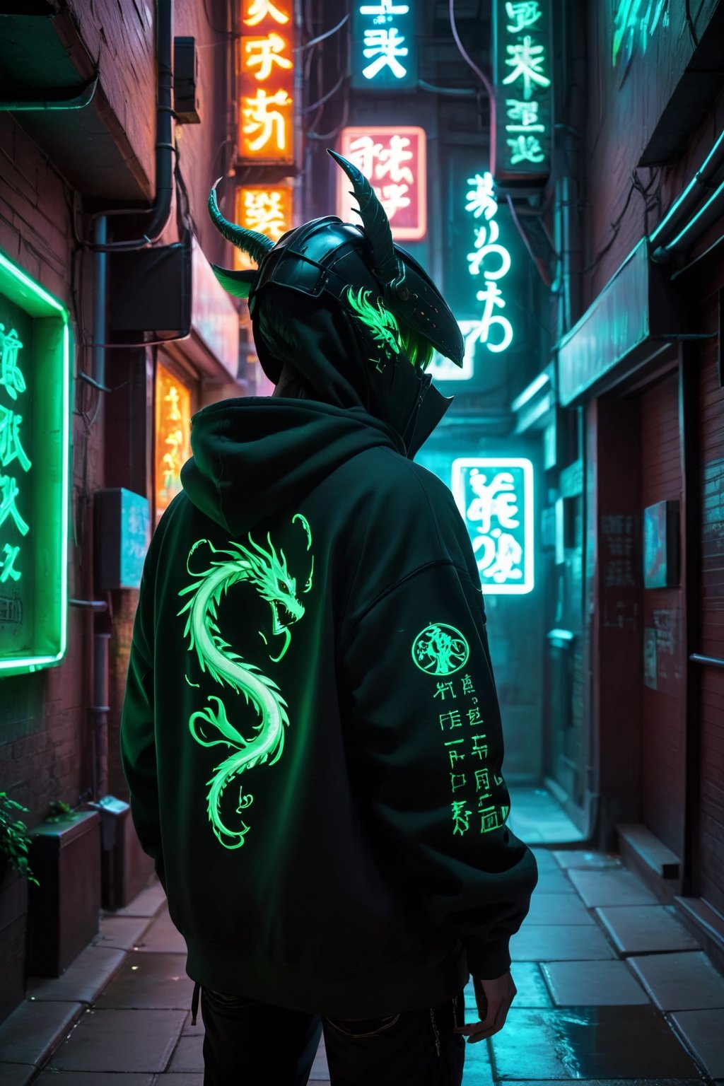 a figure from the back wearing a hoodie with a neon green glowing design of a dragon on it. The figure is standing in an alleyway with various neon signs and symbols on the walls, which contribute to a cyberpunk aesthetic. its vibrant color contrast and the incorporation of futuristic elements.