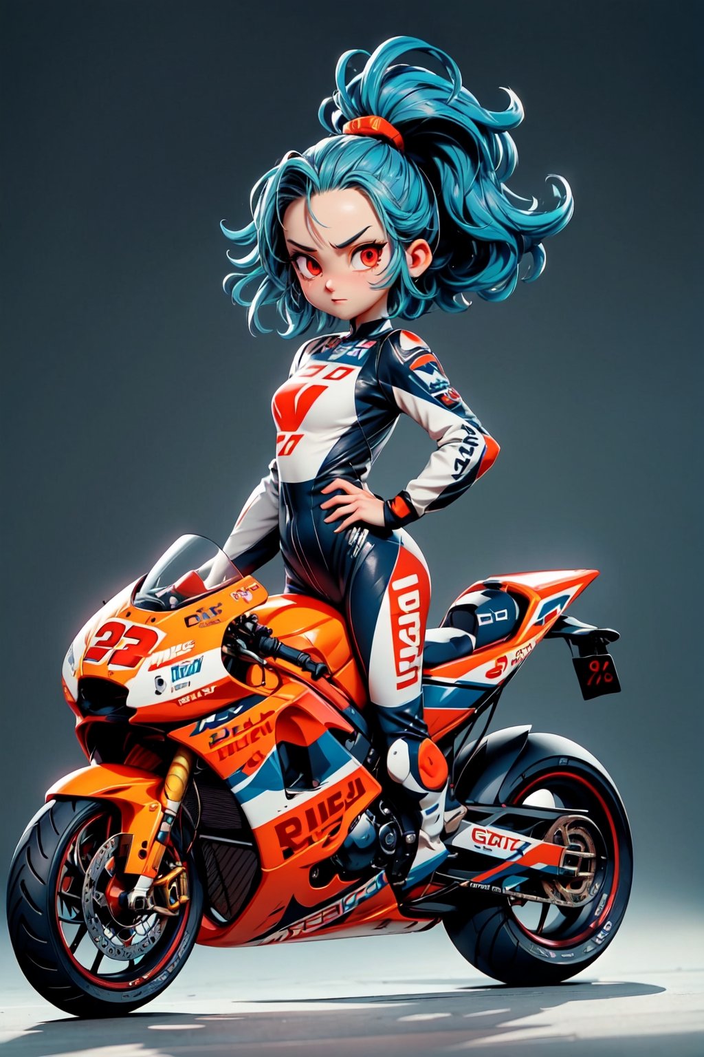 (best quality), (UHQ, 8k, high resolution), Generate a pixel art masterpiece featuring a solo anime girl with a sporty, moto-inspired aesthetic. The character boasts vibrant, electric blue hair, and her red eyes gleam with intensity. Dressed in a cutting-edge MotoGP racing suit with sleek sponsor logos, she strikes a dynamic and confident pose. The atmosphere should convey a thrilling sense of speed and victory, with the character radiating charm and charisma, subtly expressing a connection with the viewer. Ensure the pixel art is of ultra resolution, adopting a dynamic aspect ratio, and capturing the essence of 'simple --niji' and 'kpop girl' styles. Emphasize the character's forehead, sleek physique, and infuse the scene with an energetic and endearing expression.