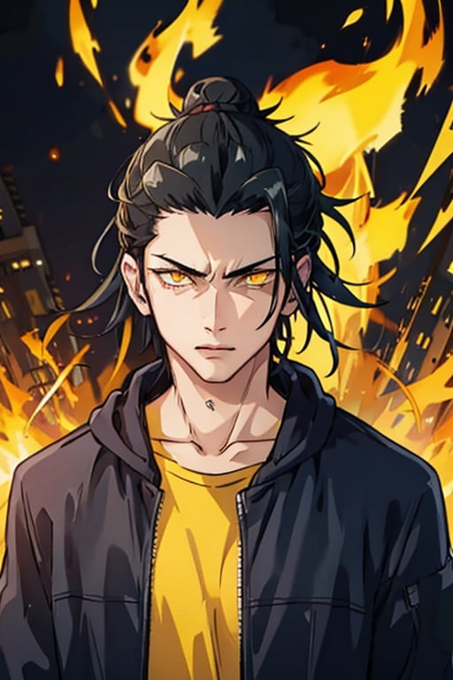 1boy, thug, getou, black jacket hoodie with yellow parts, open jacket, techwear, upper body, look at viewer, detailed face, detailed eyes, only 1 hair bun, yellow eyes, glowy eyes, glow eyes, long hair, black hair, hair on the right side, yellow lights in the background, chains, city by night background, serious look, front body, closed mouth, night city atmosphere, yellow fire, glowy fire in the background, badass,
