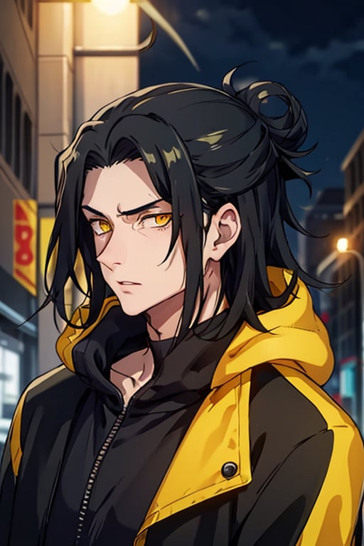 1boy, thug, getou, black jacket hoodie with yellow parts, open jacket, techwear, upper body, look at viewer, detailed face, detailed eyes, only 1 hair bun, yellow eyes, glowy eyes, glow eyes, long hair, black hair, forehair on the right side, yellow lights in the background, chains, city by night background, serious look, slim body, body to viewer,