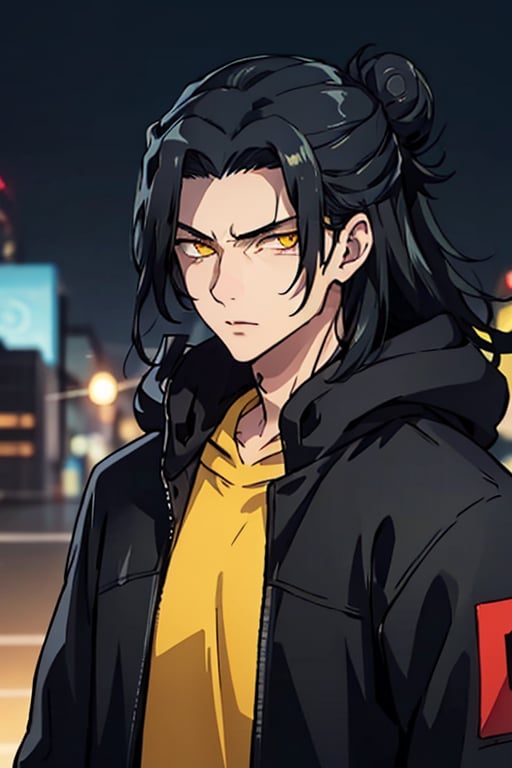 1boy, thug, getou, black jacket hoodie with yellow parts, open jacket, techwear, upper body, look at viewer, detailed face, detailed eyes, only 1 hair bun, yellow eyes, glowy eyes, glow eyes, long hair, black hair, hair on the right side, yellow lights in the background, chains, city by night background, serious look, front body, closed mouth, night city atmosphere,Solo Levelling