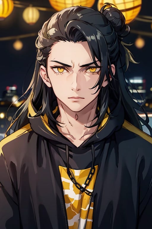 1boy, thug, getou, black jacket hoodie with yellow parts, open jacket, techwear, upper body, look at viewer, detailed face, detailed eyes, only 1 hair bun, yellow eyes, glowy eyes, glow eyes, long hair, black hair, hair on the right side, yellow lights in the background, chains, city by night background, serious look, front body, closed mouth, night city atmosphere,