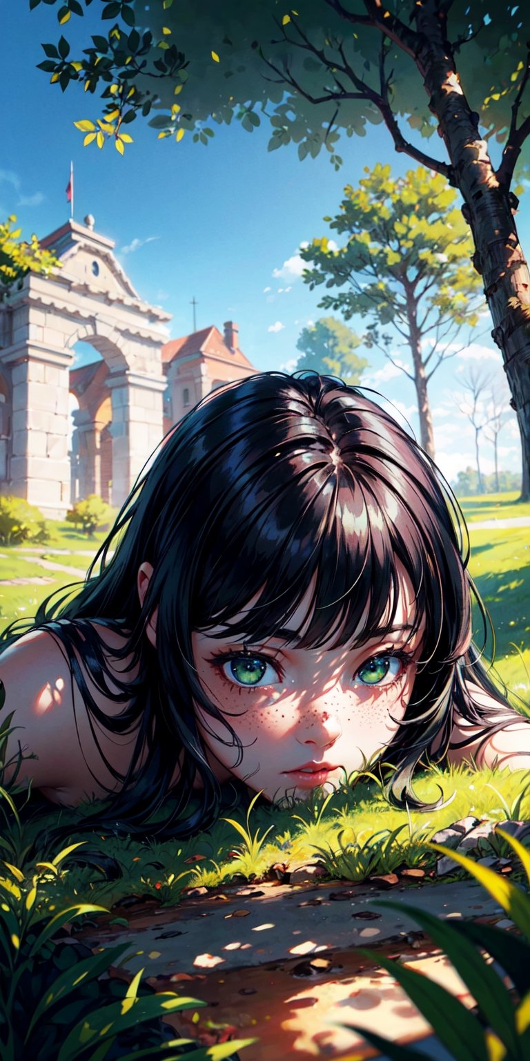 1 chubby girl, black hair, long hair with bangs, light green eyes, freckles on cheeks, deep look, lying on the ground under a tree, view from above, realistic shine, super detailed image, perfect face, fantasy mix and realism, hdr, ultra high definition, 4k, 8k
