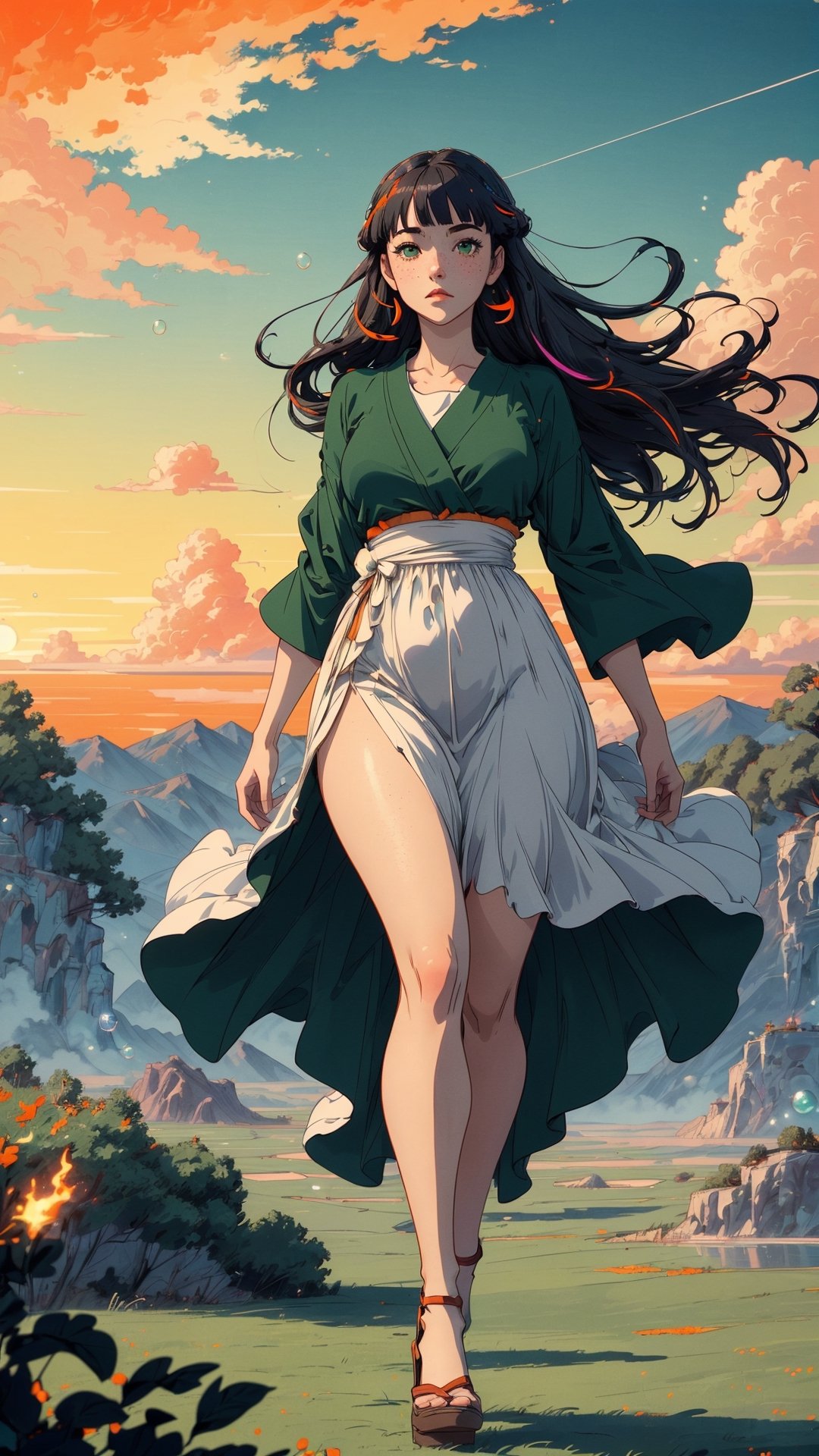 ((masterpiece)), (best quality), (cinematic), a woman in a long white dress, running through an open field, long black hair, bangs, chubby, wide hips, full body, green eyes, freckles on cheeks, wind, detailed face, detailed body, red and orange sky, glow, clouds, vegetation, green plains, floating bubbles, (cinematic, colorful), vast field, (extremely detailed), inspired by Studio Ghibli, EpicSky, cloud, sky, highly detailed, detailed face