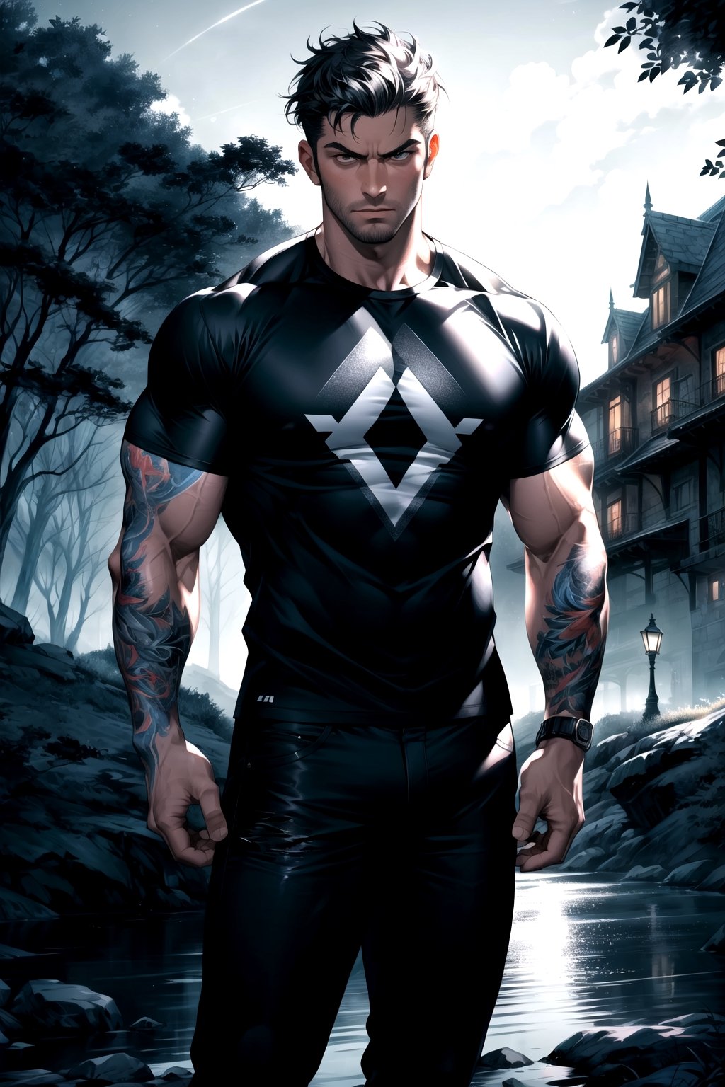 1 boy, serious look, night, mansion background with night trees, muscular t-shirt, black pants, muscular body, mix of fantasy and realism, ultra hd, hdr, 4k