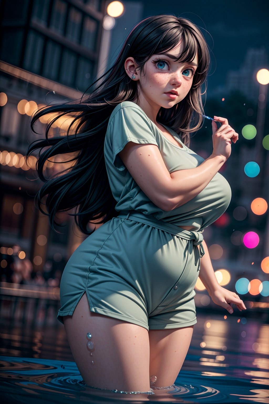 ((masterpiece)), (best quality), (cinematic), a chubby woman in a long T-shirt, shorts, close-up, in the water, drops falling from her body, drops splashing, realistic water, wide hips, long black hair , bangs, chubby, light green eyes, freckles on cheeks, wind, detailed face, detailed body, gray and dark sky, glow, clouds, city lights, floating bubbles (cinematic, colorful), (extremely detailed), clouds, very detailed face