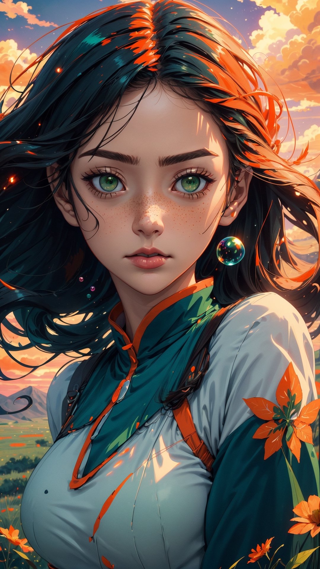 ((masterpiece)), (best quality), (cinematic), a woman in a long white dress, running through an open field, long black hair, bangs, chubby, wide hips, green eyes, freckles on her cheeks, wind , detailed face, detailed body, red and orange sky, glow, clouds, vegetation, green plains, floating bubbles, (cinematic, colorful), vast field, (extremely detailed), inspired by Studio Ghibli, EpicSky, cloud, sky, very detailed, detailed face