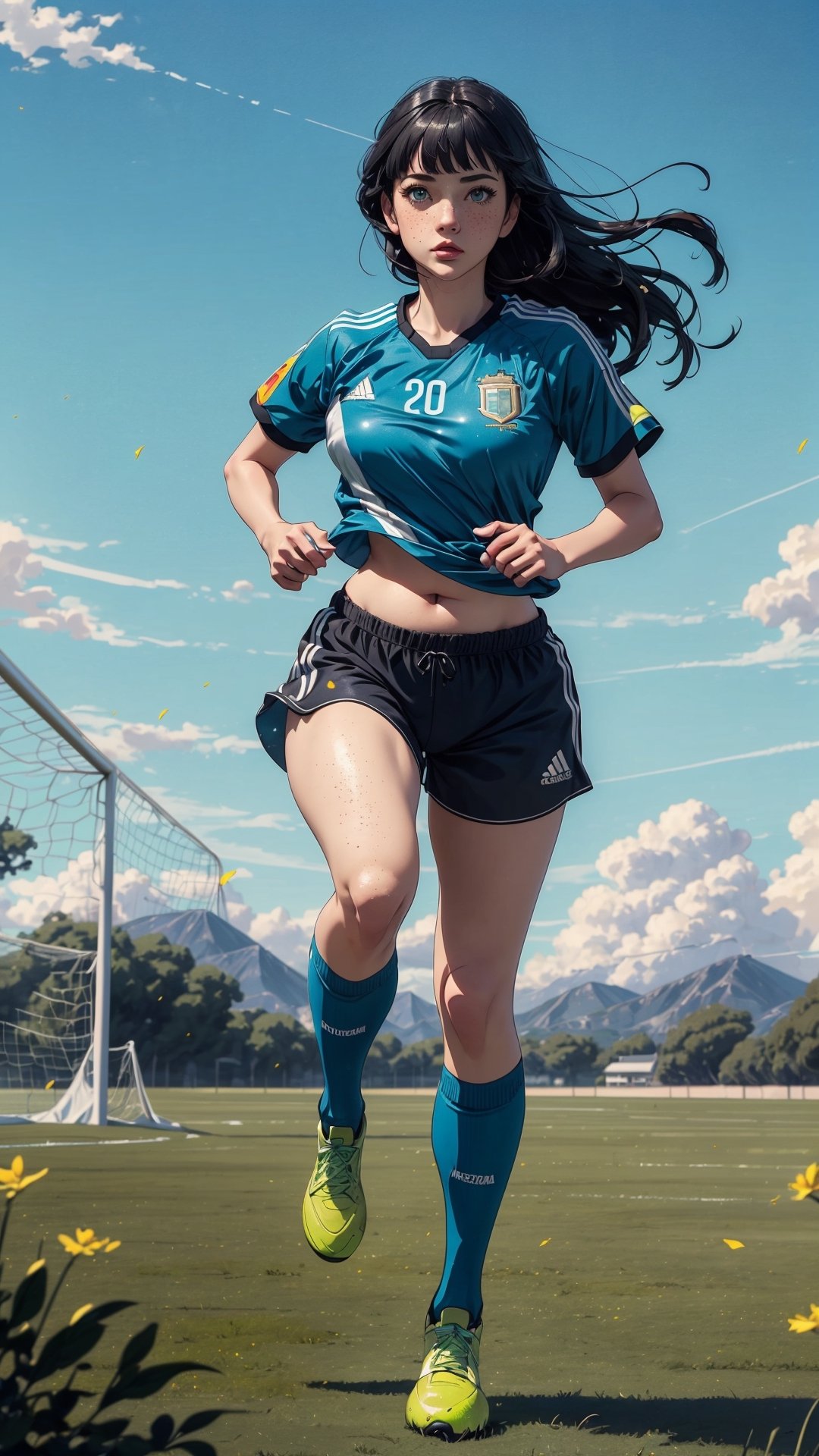 ((masterpiece)), (best quality), (cinematic), a woman with an Argentina shirt, soccer shorts, running through an open field, long black hair, bangs, chubby, wide hips, full body, green eyes , freckles on cheeks, wind, detailed face, detailed body, floating particles, (colorful cinematic), (extremely detailed), inspired by Studio Ghibli, EpicSky, 4k, 8k, ultra hd, detailed