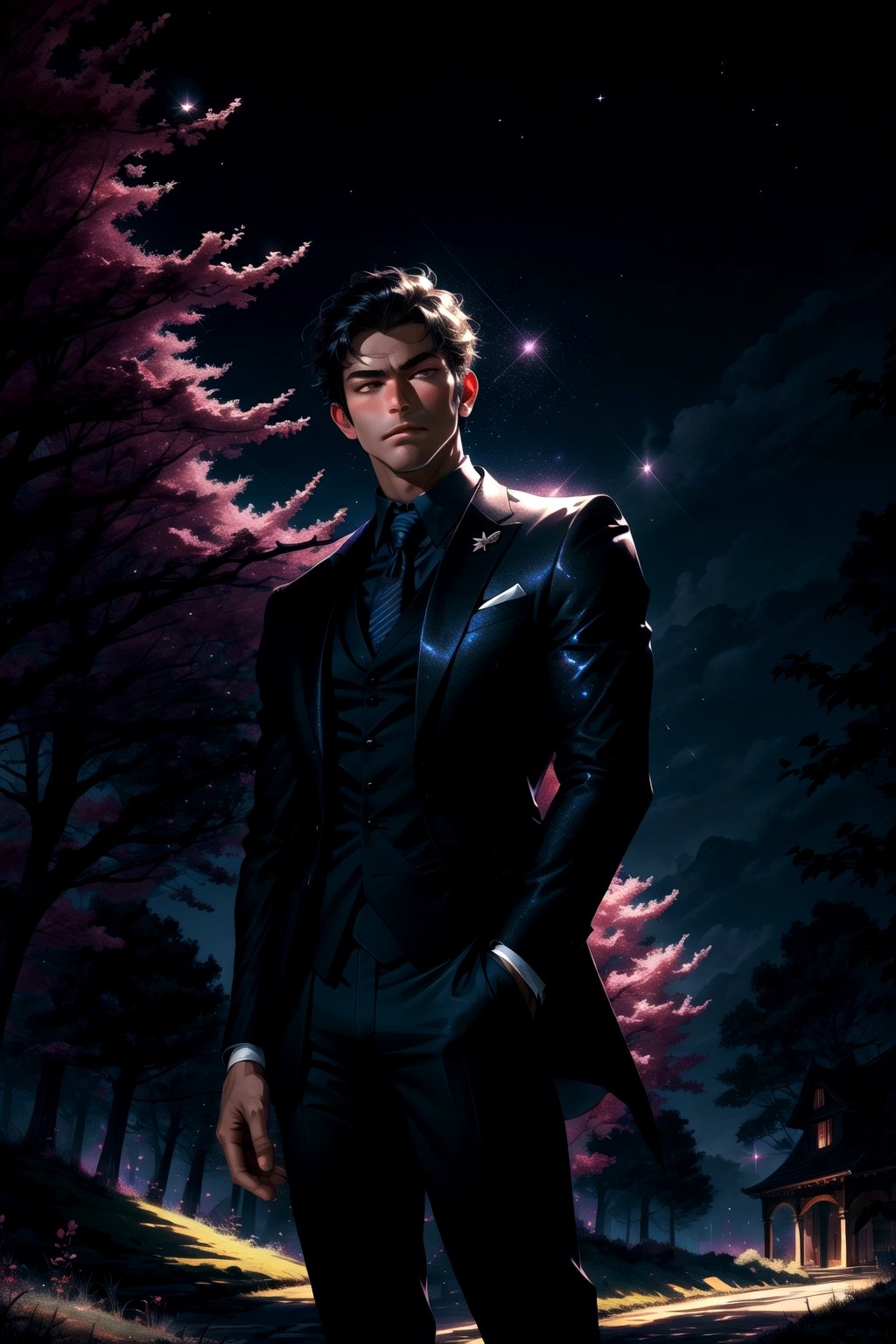 1 boy, serious look, night, mansion background with night trees, black suit with glitter, mix of fantasy and realism, ultra hd, hdr, 4k