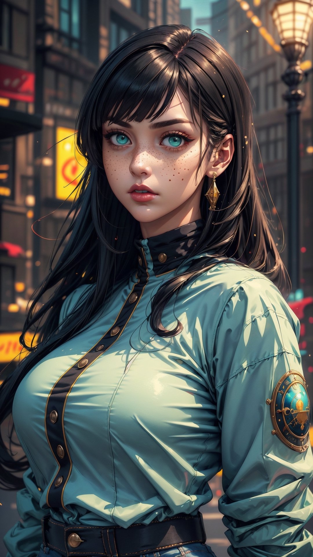 (4k), (masterpiece), (best quality), (extremely complex), (realistic), (sharp focus), (cinematic lighting), (extremely detailed), (epic), A close-up portrait of a woman chubby, serious look, deep look, incredibly detailed hand, long black hair, bangs, mint green eyes, freckles on face, white shirt with jacket on top, black jeans, curvy body, full body, detailed face, perfect eyes, Detailed hands, Mix of fantasy and realism. elements, vibrant manga, uhd image, vibrant illustrations, the background is planet earth