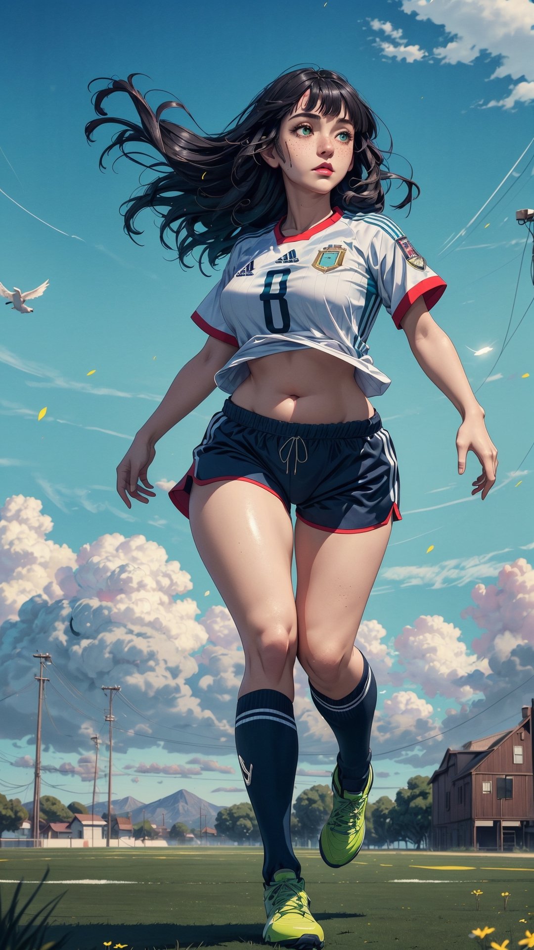 ((masterpiece)), (best quality), (cinematic), a woman with an Argentina shirt, soccer shorts, running through an open field, long black hair, bangs, chubby, wide hips, full body, green eyes , freckles on cheeks, wind, detailed face, detailed body, floating particles, (colorful cinematic), (extremely detailed), inspired by Studio Ghibli, EpicSky, 4k, 8k, ultra hd, detailed