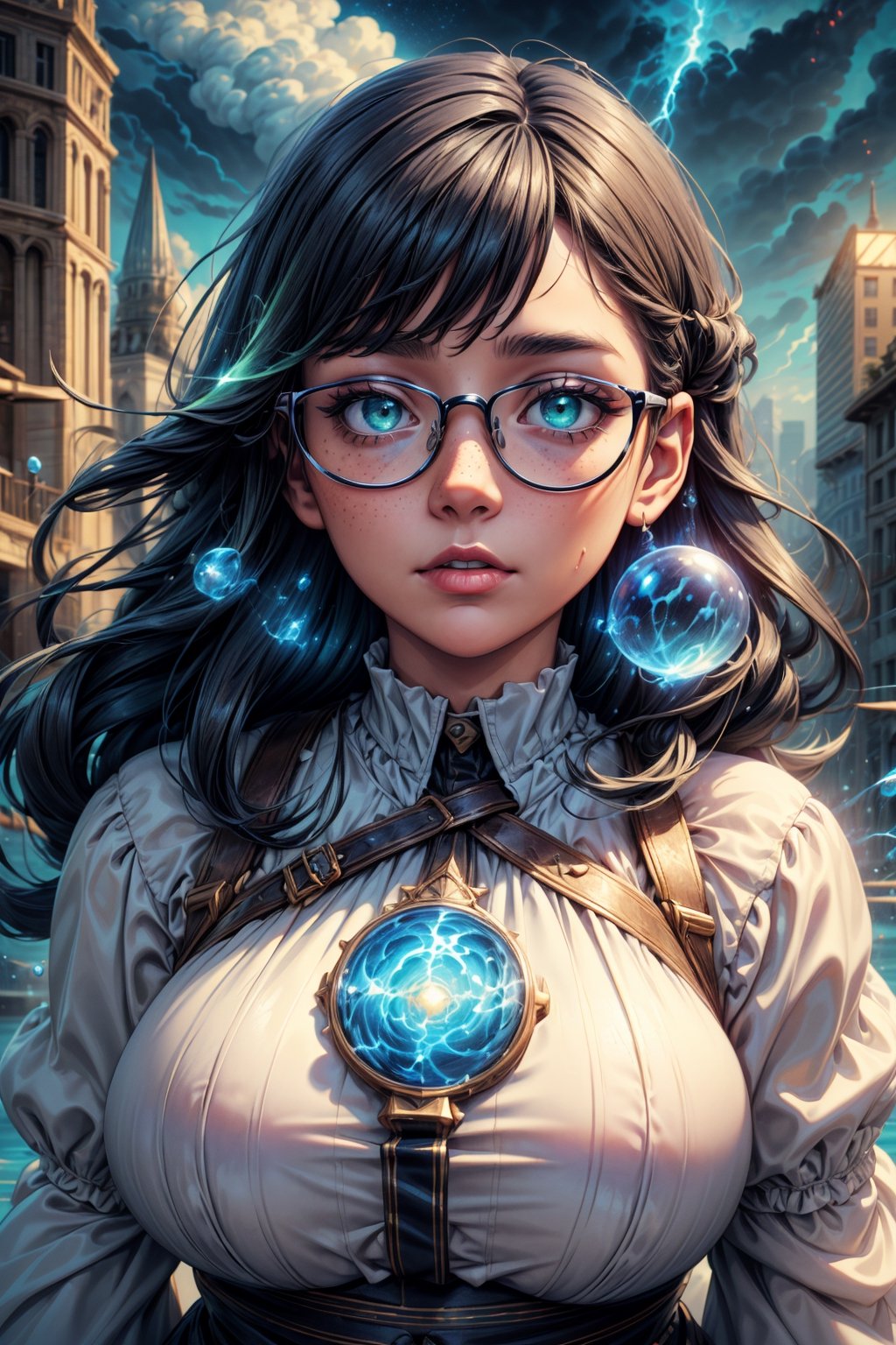 ((masterpiece)), (best quality), (cinematic), a chubby woman in a long white dress, close-up, puddles of water, woman with glasses, wide hips, long black hair, bangs, chubby, wide hips , light green eyes, freckles on cheeks, wind, detailed face, detailed body, gray and dark sky, glow, clouds, city lights, floating bubbles (cinematic, colorful), (extremely detailed), clouds, highly detailed face