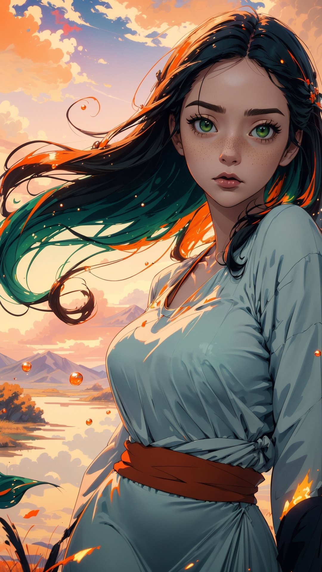 ((masterpiece)), (best quality), (cinematic), a woman in a long white dress, running through an open field, long black hair, bangs, chubby, wide hips, full body, green eyes, freckles on cheeks, wind, detailed face, detailed body, red and orange sky, glow, clouds, vegetation, green plains, floating bubbles, (cinematic, colorful), vast field, (extremely detailed), inspired by Studio Ghibli, EpicSky, cloud, sky, highly detailed, detailed face