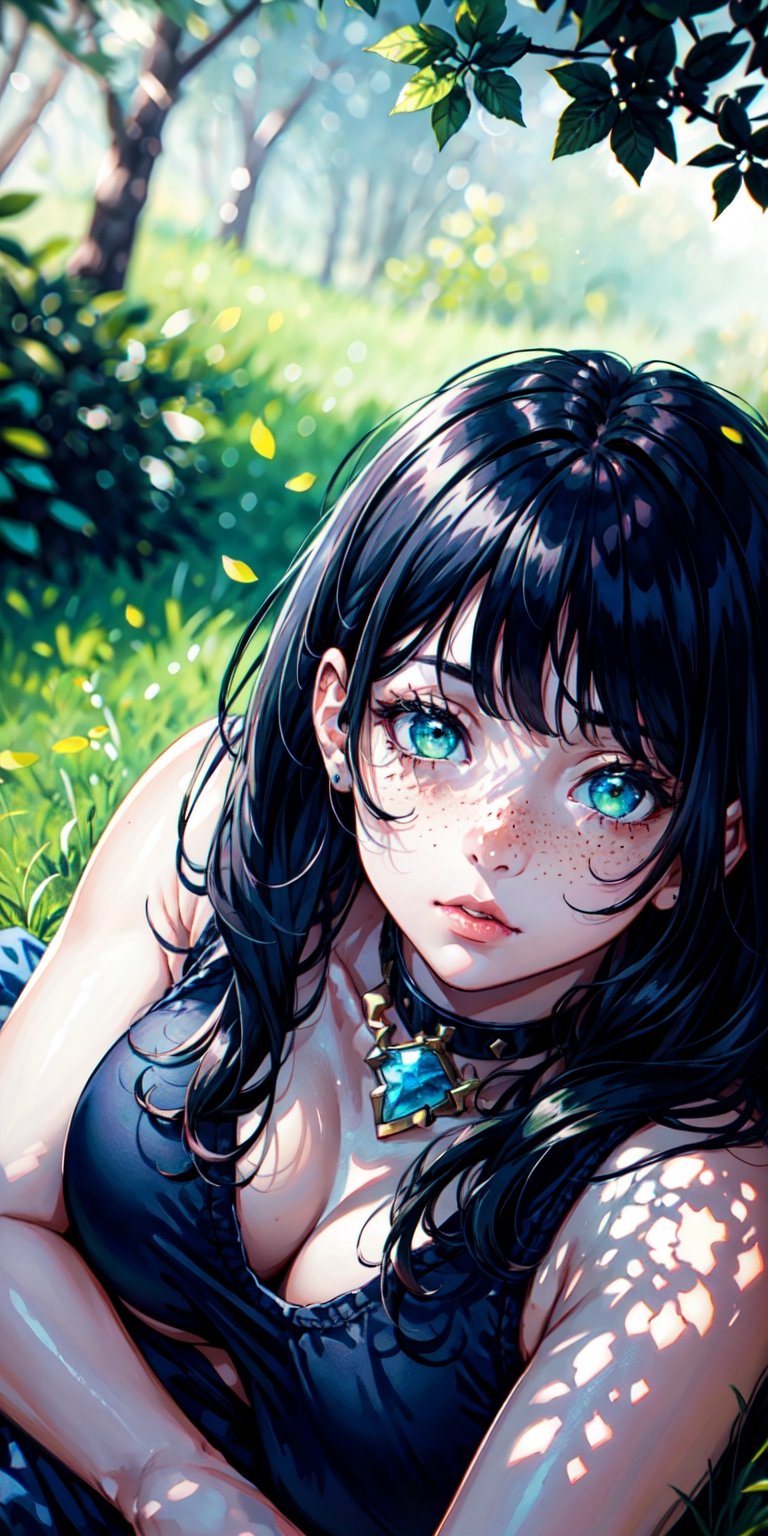 chubby girl, black hair, long hair with bangs, light green eyes, freckles on cheeks, deep look, lying on the ground under a tree, view from above, realistic shine, super detailed image, perfect face, fantasy mix and realism, hdr, ultra high definition, 4k, 8k,blurry_light_background