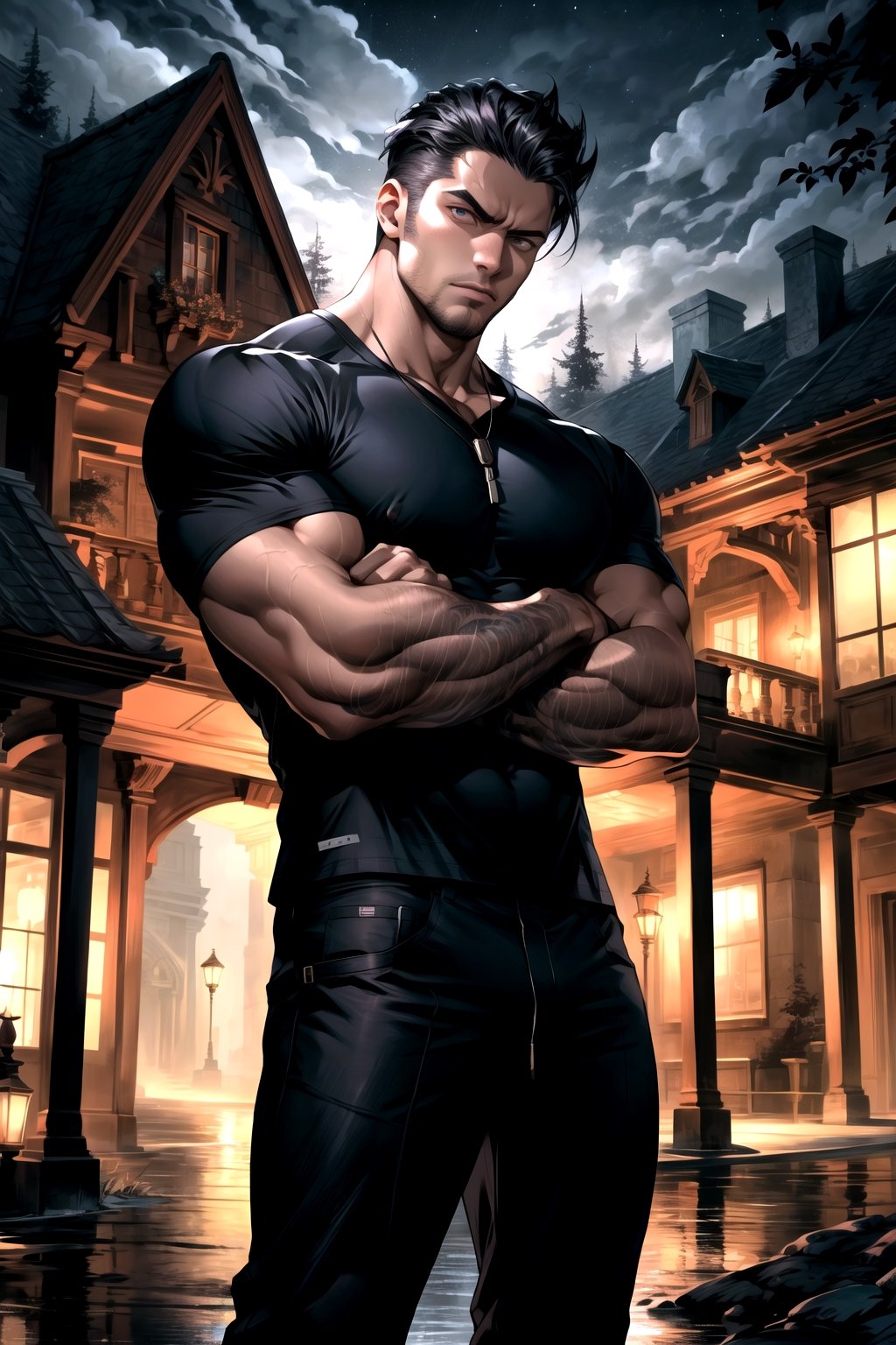 1 boy, serious look, night, mansion background with night trees, muscular t-shirt, black pants, muscular body, mix of fantasy and realism, ultra hd, hdr, 4k