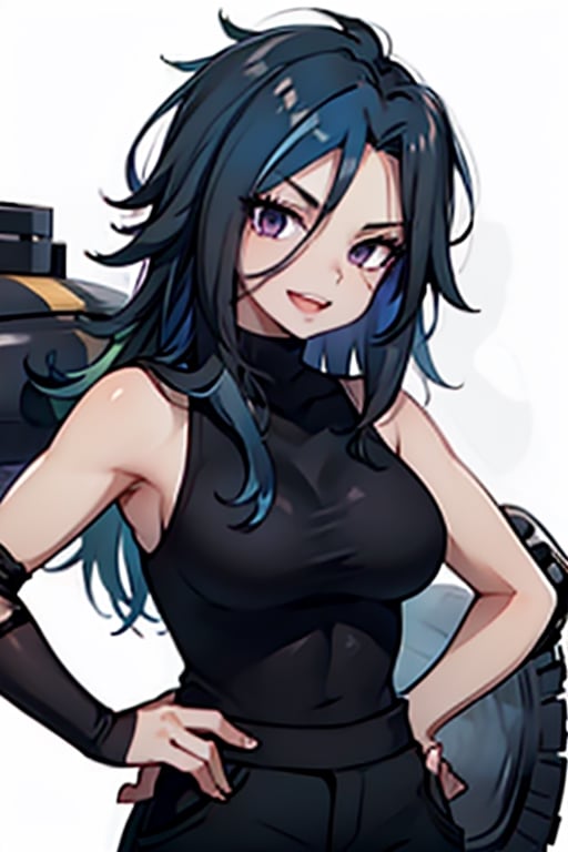 8k, masterpiece, best quality, mature female, 1girl, white background, solo, light_blue hair, military_uniform, laughing,perfecteyes, black_clothes,  purple_eyes, facing_viewer,dimaria, v-shaped eyebrows, sleeveless_turtleneck, pointing_at_viewer, hand_on_hip, cargo_pants, long_hair, muscular,phlg,black hair