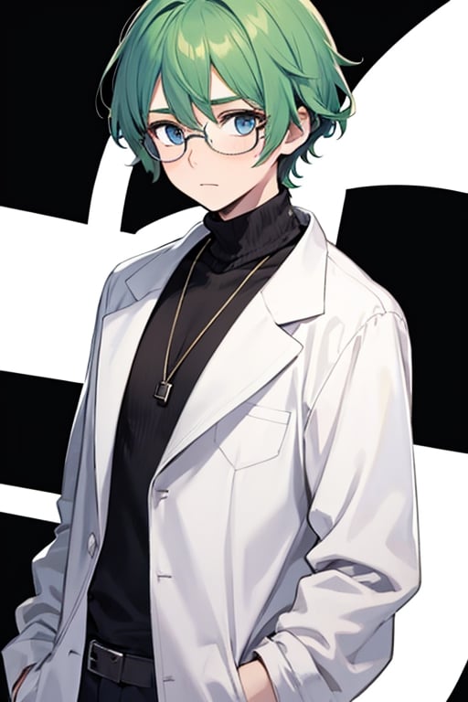 8k, masterpiece, best quality, mature male, 1boy, white background, solo, labcoat,, standing, round_glasses, green_hair, turtleneck, light_blue_eyes, nervous , short-hair, curly_hair, straight-on 