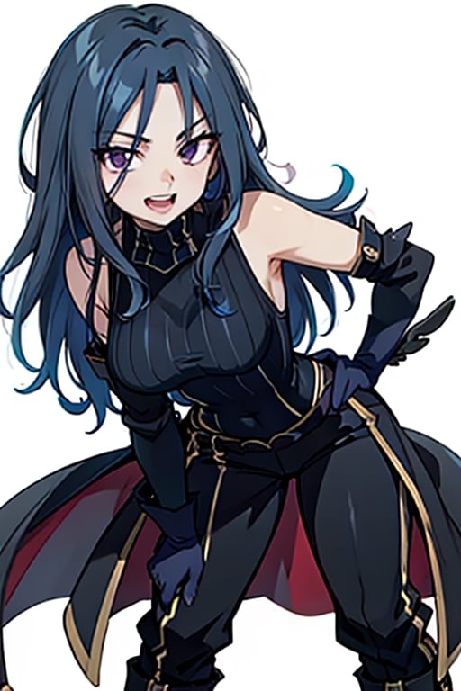 8k, masterpiece, best quality, mature female, 1girl, white background, solo, blue hair, laughing,perfecteyes, black_clothes,  purple_eyes, facing_viewer,dimaria, v-shaped eyebrows, sleeveless_turtleneck, pointing_at_viewer, hand_on_hip, skinny_pants, long_hair, muscular,phlg,black hair, full_body, combat_boots, standing, straight-on