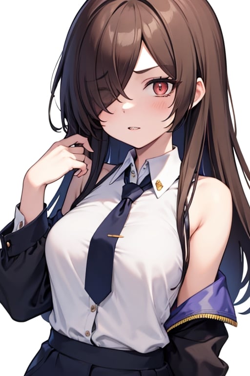 8k, masterpiece, best quality, mature female, 1girl, medium_breasts , white_background, straight-on, brown_hair, red_eyes, hair_over_one_eye, collared_shirt, waist-high_pants, long_hair, straight_hair, shoulder_holster 