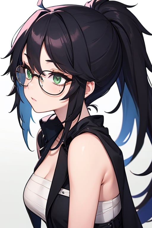 8k, masterpiece, best quality, mature_female, 1girl, solo, medium_breasts , white background, solo, round_glasses, black_hair, light_green_eyes, messy_hair, straight-on , pony_tail