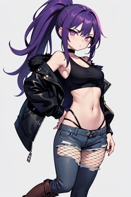8k, masterpiece, best quality, mature female, 1girl, white background, solo, dark-purple hair, leather_jacket,Ember_McLain_Danny_Phantom, purple_eyes, fur_hood, ripped_tanktop, fishnets, short_ponytail, ripped_jeans, wearing_jacket, full_body, thigh-high_boots, medium_breasts , standing 