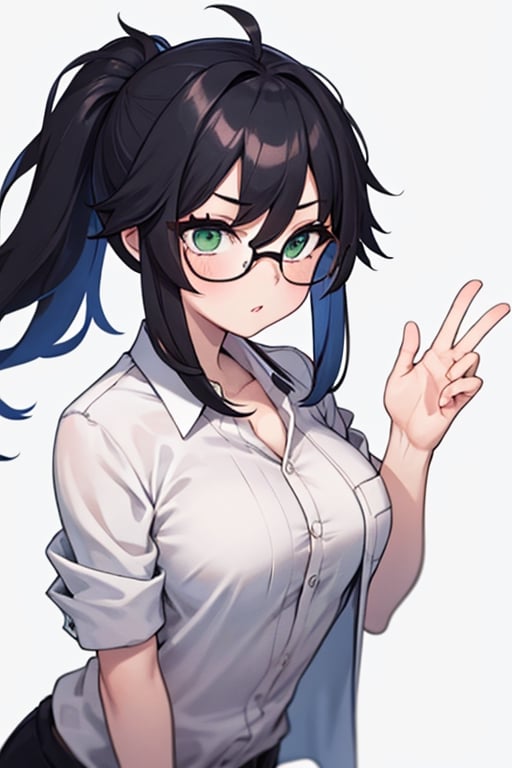 8k, masterpiece, best quality, mature_female, 1girl, solo, medium_breasts , white background, solo, round_glasses, black_hair, light_green_eyes, messy_hair, straight-on , pony_tail, cowboy_shot, collared_shirt