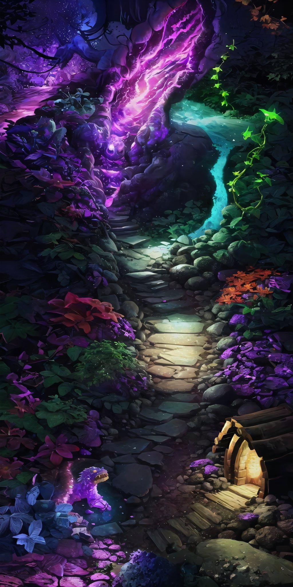 (Masterpiece, Best Quality), highres, (8k resolution wallpaper), witch hut, overgrown, vines, tree, enchanted forest, looking at viewer, (shiny:1.3), reflection, dynamic perspective, spiral staircase, surreal, (Fantasy), dutch angle, monster, soldier, glowing, cloud, full background, , wide shot, fantasy, landscape, beautiful,  outdoors, (details:1.2), water, (no humans:1.2), sky, cloud, halloween, town, autumn, nature, flowers, caustics, sharp focus, shadow, (deep depth of field:1.3), (science fiction:1.1), (glowing lines), (motion blur:1.1), (volumetric lighting:1.3), sunlight, day, extremely detailed background, fantastic, mysterious,full background,coralinefilm,madgod,stop motion,LODBG,cryptids