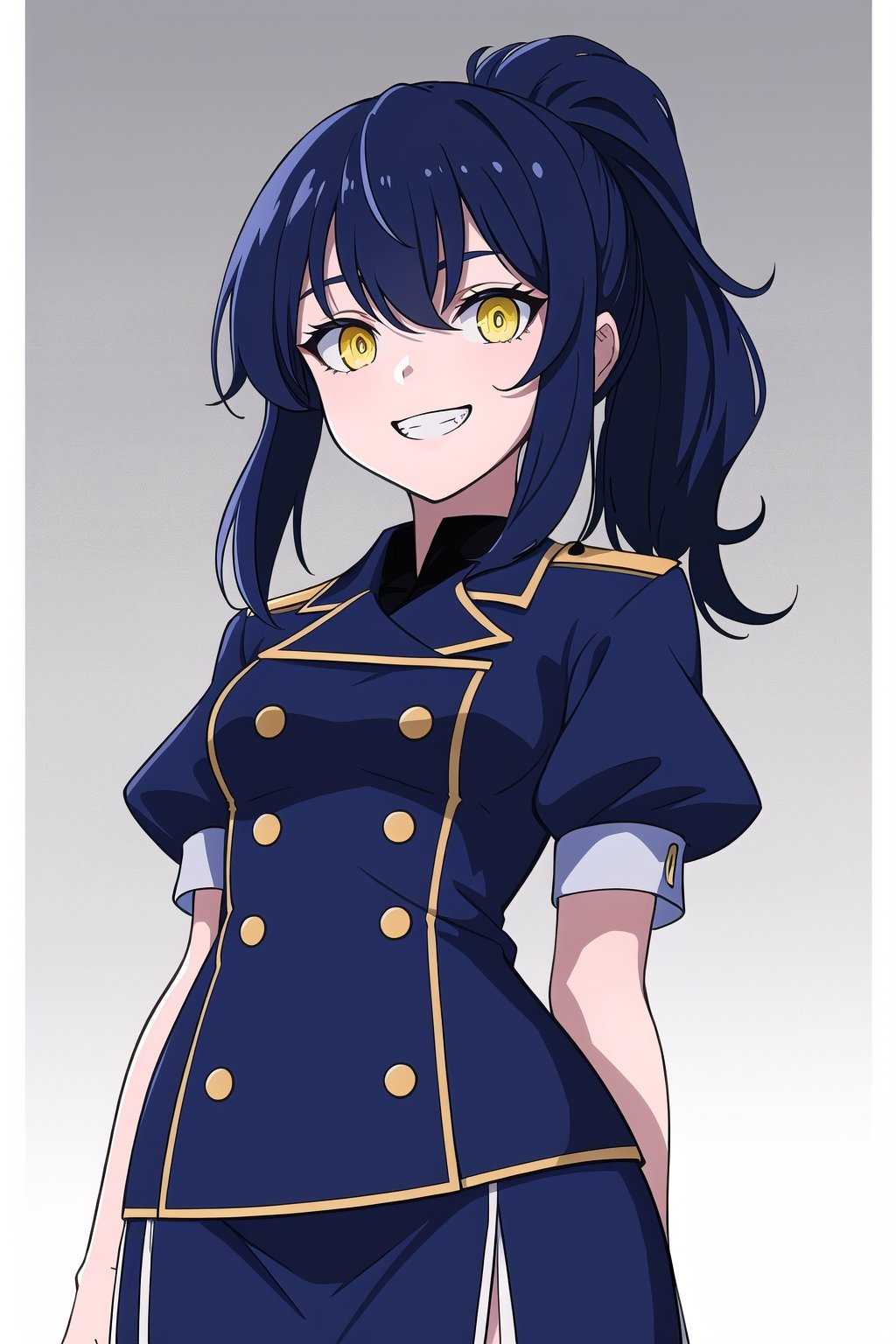 8k, top quality, digital illustration, shadow, dark, glowing eyes, detailed face, detailed eyes, dark blue hair, ponytail, yellow eyes, contrapposto, own hands together, arm support, shaded face, from below, looking at viewer, grin, thick lineart, intricate details, volumetric lighting, (tricorne:1.2), navy blue, pencil skirt, military uniform, graphite_(medium)