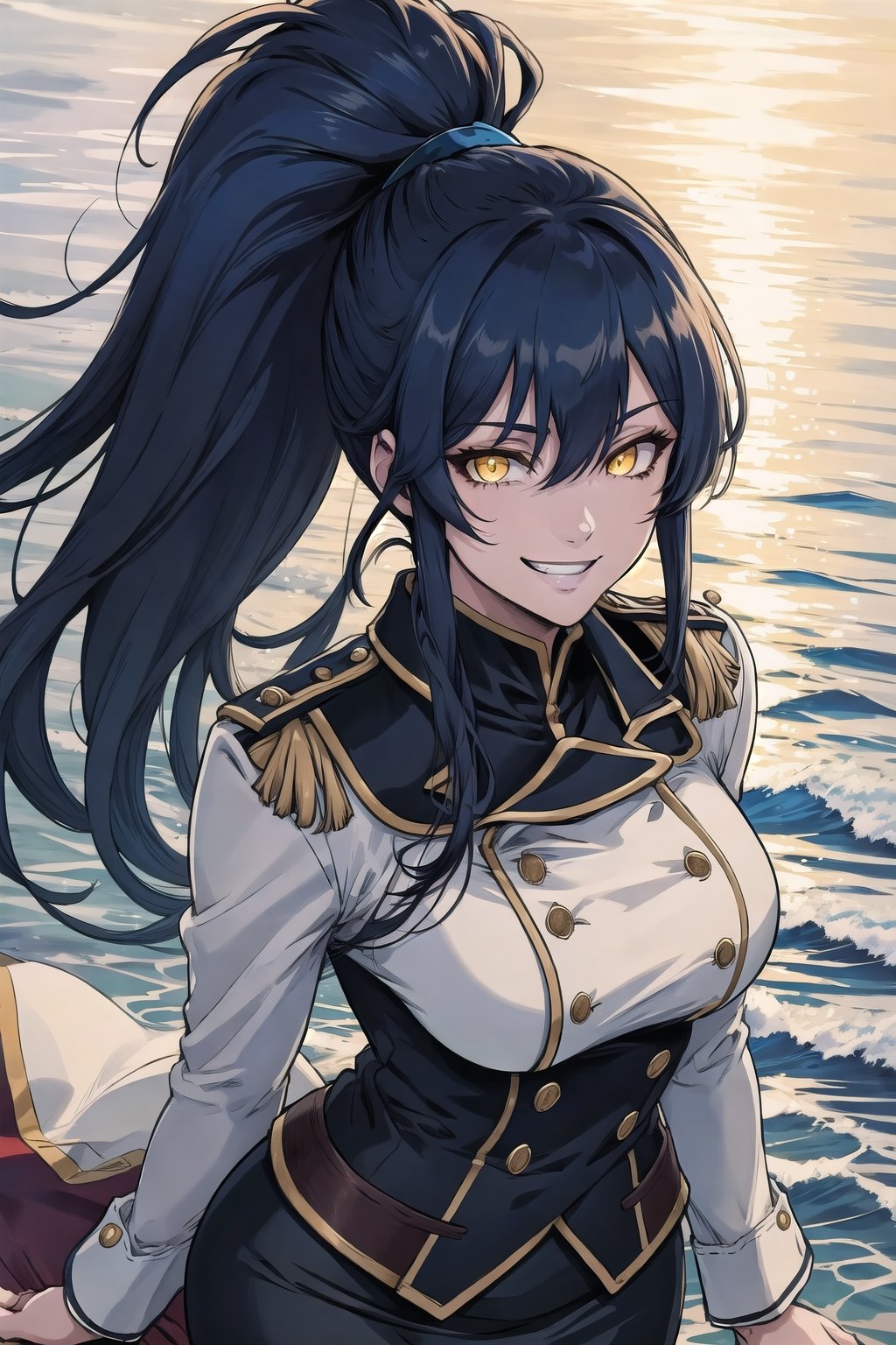 8k, top quality, digital illustration, shadow, dark, glowing eyes, detailed face, detailed eyes, dark blue hair, ponytail, yellow eyes, contrapposto, own hands together, arm support, shaded face, from above, backlighting, outline, volumetric lighting, looking at viewer, grin, thick lineart, intricate details, shadow, (tricorne:1.2), navy blue, pencil skirt, military uniform, graphite_(medium), (highly detailed), ocean, battleship, mechanical parts