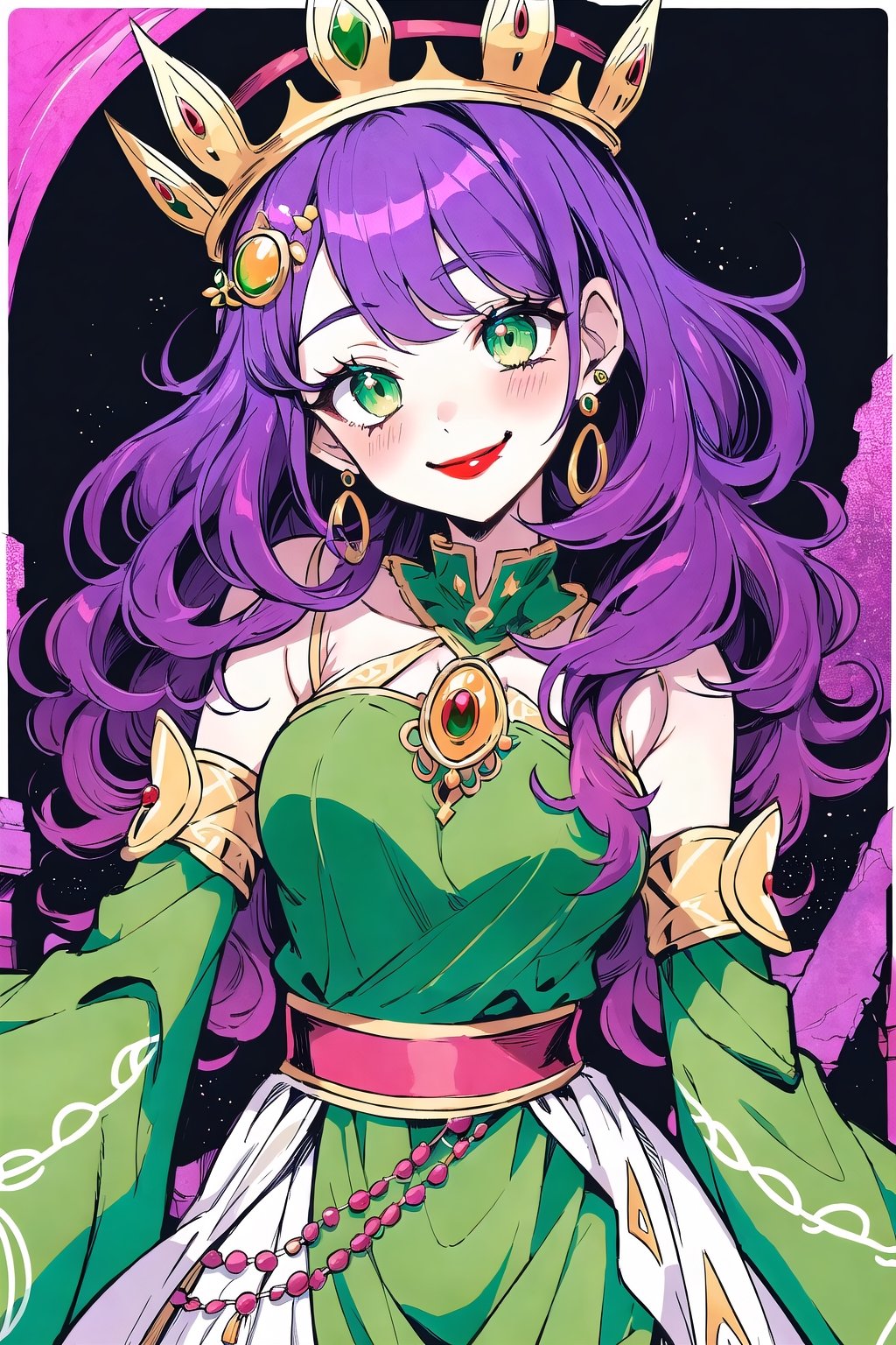 (Masterpiece),  (highres),  8k,  manga,  digital illustration,  2d,  retro artstyle,  (ultra-detailed portrait of a woman,  queen,  ancient ruins, diva, villain,  red lips, light smile,  shaded face,  hair ornament,  contrapposto, jewelry,  colorful,  detached sleeves,  frill trim,  extremely detailed,  detailed face,  lipstick,  green eyes, purple hair, ringlets, smile,  stylish,  expressive, blush,  averting gaze,  intricate crown of despair,  head tilt,  cowboy shot,  fully clothed,  (8k resolution),0kazu