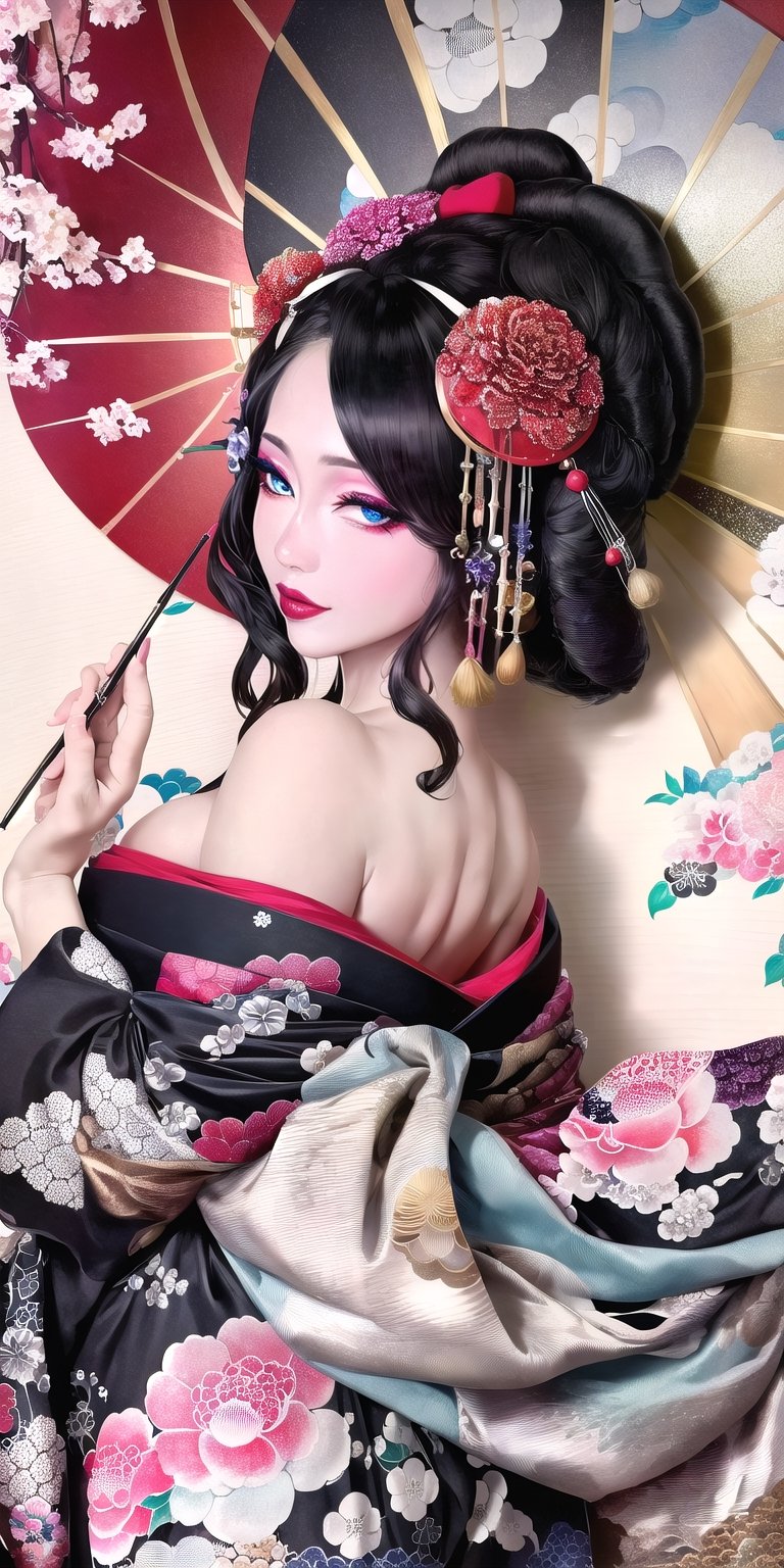 , (Masterpiece, Best Quality:1.3), (thick lineart), (faux traditional media), highres, official art, best illustration, (8k resolution), oiran, 1girl, mature female, solo, japanese clothes, from above, breasts, obi, stylish, intricate, fantastic, fairytale, fantasy art, (detailed face),  lying on a bed of flowers, on back, (lovely eyes, looking at viewer, lipstick), depth of field, silhouette, perfect, makeup, lovely, (details:1.2), camellia, various colors, vivid, colorful, shiny, sky, stars, lumen global illumination, (background in the style of Hokusai Katsushika:1.3), water, ripples,Oiran