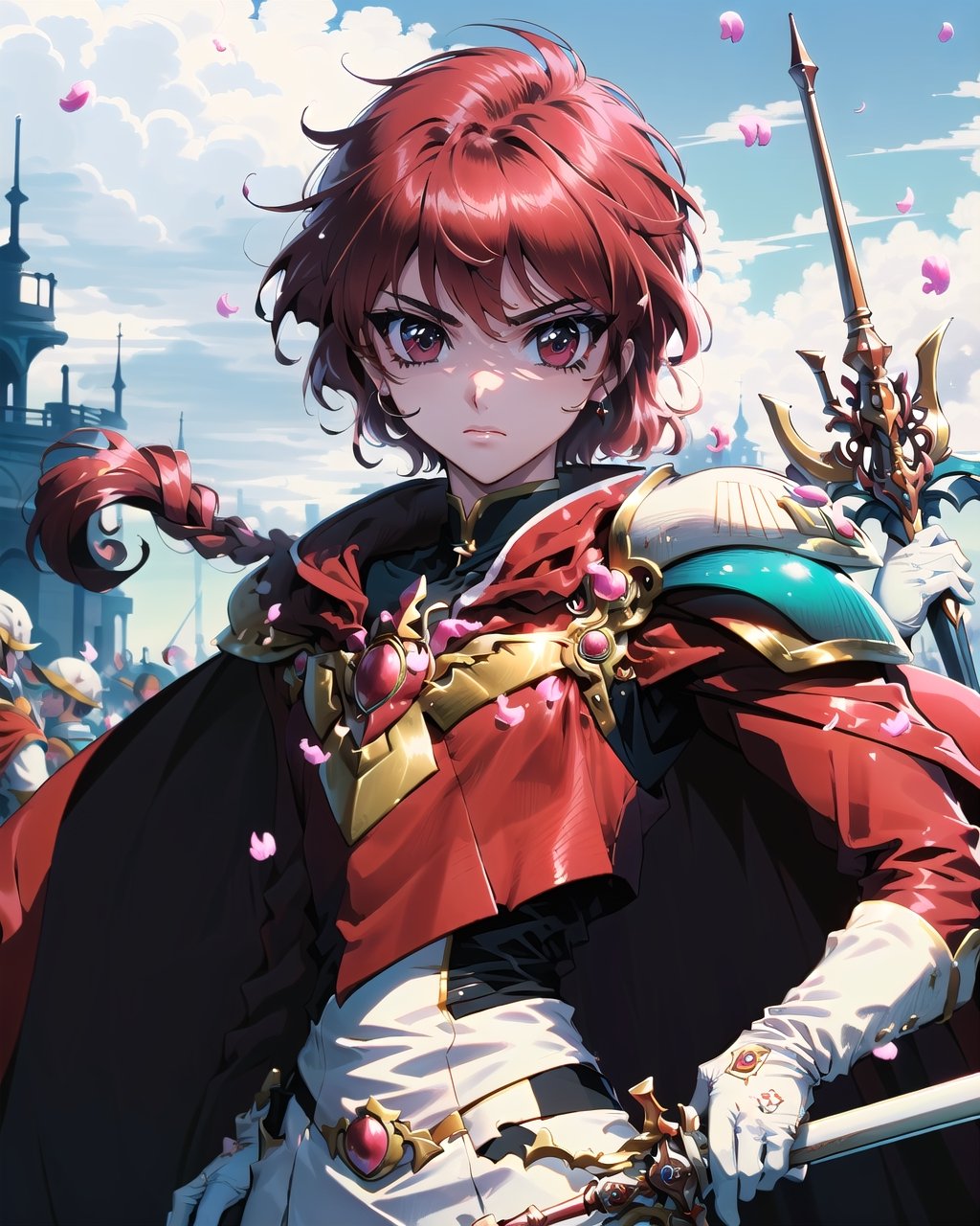 , (masterpiece, best quality:1.4), absurdres, best illustration, hikaru_rayearth, solo, long hair, red eyes, (detailed face, detailed eyes), gloves, holding, weapon,  braid, red hair, sword, white gloves, cape, holding weapon, armor, petals, single braid, holding sword, pointing sword towards the sky, magnificent, epic scene, dynamic posture, fire, shoulder armor, serious, red cape, armored dress, retro artstyle, 1990s (style), red theme, (depth of field), sharp focus)
