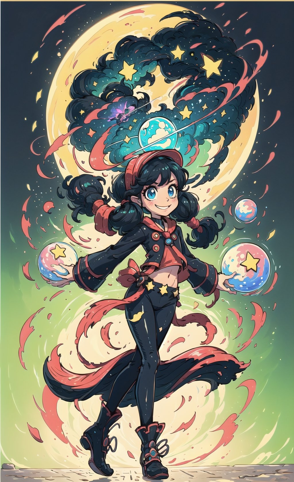 (masterpiece, best quality:1.3), insaneres, top quality, 8k, highly detailed, ultra-detailed full body portrait, (cowboy shot), colorful cartoon character design, space art, (retro artstyle:1.2), (magic circle), (traditional media:1.2), manga, colorful, original, (naval_uniform), magical girl, finely detailed, (smile), exciting, lively, expressive, playful, shiny hair, (detailed face, perfect face, planet, (mini planet orbiting body:1.2), detailed eyes), very long hair, (low twintails:1.3), (looking ahead), lipstick, (black hair, blue eyes), hero, confident, woman, wide-eyed, searching, (covered navel:1.3),dyamic posture, stylish, (intricate details:1.2), (fighting stance), maze, psychadelic, arms up, arm support, heavy lifting, motion lines, star print, stars, sky, orbiting planet, holographic visor, cool, (perfect female figure), fantasy clothes, dynamic, dynamic pose, nature, 1 girl, (volumetric lighting:1.1), best shadow, film grain, fully clothed, (floating particles), motion blur,,ninjascroll,EpicLogo,sugar_rune